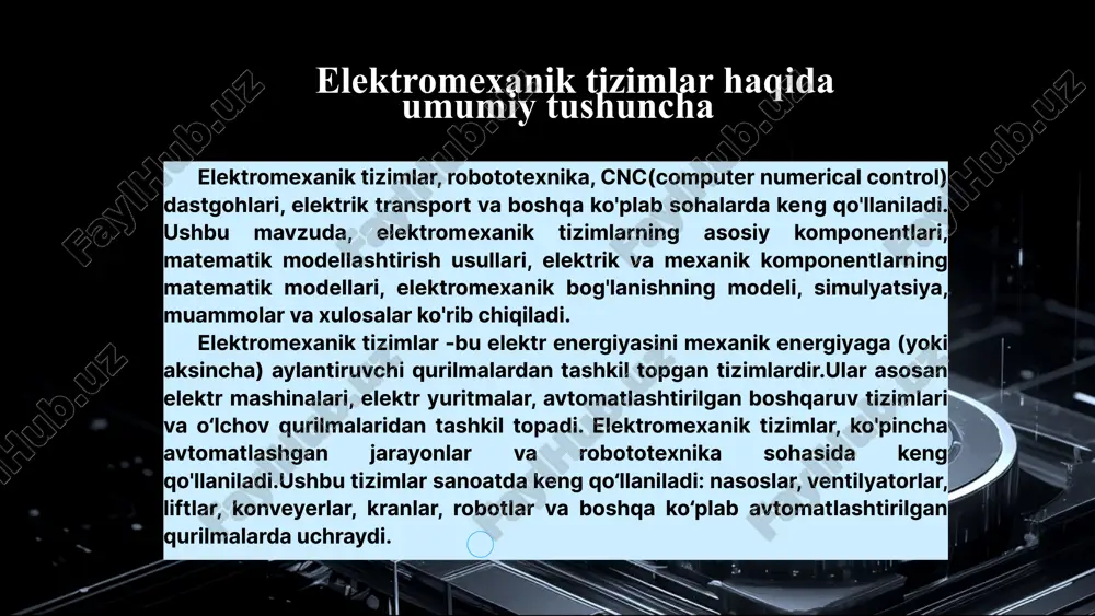 dalovchi tenglamalar tuziladi.elektromexanik tizimlar bugungi sanoat va texnologik jarayonlarning ajralmas qismiga aylangan bo‘lib, ular elektr energiyasini mexanik energiyaga (yoki aksincha) aylantiruvchi kompleks tizimlardir. ularning matematik modeli bu tizimlarning fizik holatini raqamli ifodalash imkonini beradi va bu orqali nazorat qilish, tahlil etish hamda samaradorlikni oshirish mumkin bo‘ladi. ushbu ishda elektromexanik tizimlarning asosiy komponentlari – elektr, mexanik va bog‘lovchi elementlar o‘rganildi. har bir komponent uchun matematik tenglamalar tuzildi: foydalanilgan adabiyotlar juravlyov a.a. “elektricheskie mashini i transformatori”. – m.: energiya, 2004. 2.xamraev t. “elektr mashinalari”. – toshkent, 2017. 3.ogbonnaya inya okoro, “electromechanical systems and devices”, springer, 2020. 4.matlab/simulink rasmiy hujjatlari va foydalanuvchi qo‘llanmalari. image5.png image3.png image4.png image2.png image6.png image7.png image8.png image9.jpeg image10.png image11.png image12.png image13.png image14.png