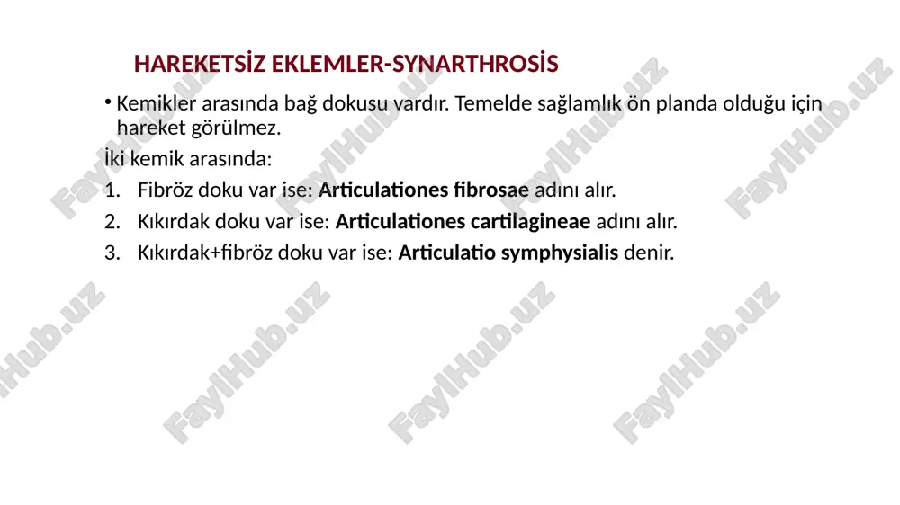 klem yüzleri arasında, fibrokartilaginöz yapı eklem yüzlerinin uyumunu kolaylaştırır tam olmayan yada yarımay şeklinde olan discuslar’a meniscus adı verilir. (diz eklemi) labrum articulare: fibröz kıkırdak yapısında halka şeklinde yapı eklem yüzlerinin kenarına tutunur. konkav eklem yüzünü derinleştirir ve temas alanını artırır. vücutta sadece iki eklemde vardır: articulatio humeri (labrum glenoidale) articulatio coxae (labrum acetabulare). eklemin damarları eklemler, eklem çevresindeki arteryel pleksustan (atar damar ağları) beslenir. venler (toplar damarlar) de arterlere(atar damarlara) eşlik eder. eklemin sinirleri eklemler, sinirden zengindir. eklem kapsülünün her iki tabakasında da sinir sonlanmaları vardır. eklemlere sinirler, eklemi hareket ettiren kasların ve bu kasların üzerindeki derinin sinirlerinden gelir. hilton kanunu; bir eklemin duyusunu taşıyan sinirler, eklemi hareket ettiren kasların ve bu kasların tutunma yerlerini örten derinin de duyusunu taşır. luxasyon (çıkık-dislokasyon): eklem yüzlerinin birbirinden uzaklaşarak normal pozisyonlarının bozulması durumudur. şiddetli ağrı ve hareket kısıtlaması ile kendini gösterir. image1.png image2.jpeg image3.jpg image4.png image5.png image6.png image7.png image8.jpeg image9.png image10.jpeg image11.png …
