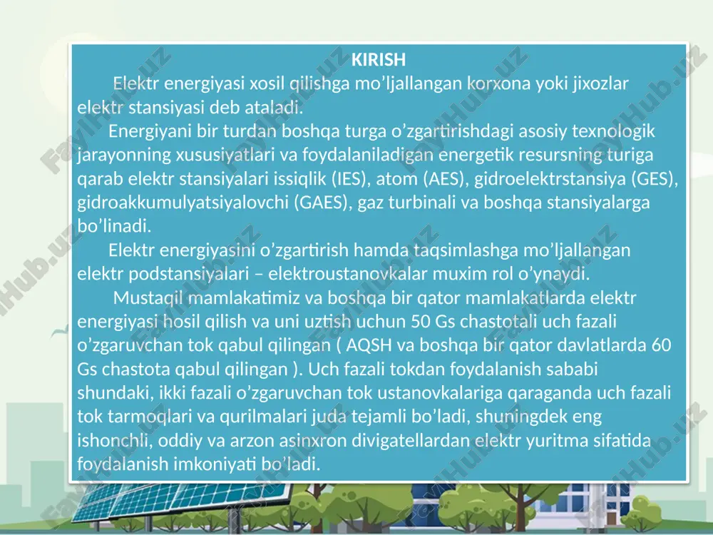 elektr stansiyalarining belgilangan quvvati 12,5 mln. kbt. buning asosiy ulushini kompaniyaning tabiiy gaz va ko’mirda ishlaydigan issiqlik elektr stansiyalari egallaydi. qolgan quvvatlar kichik va o’rta geslar tomonidan ta’minlanadi. 0,4-500 kv kuchlanishli elektr tarmoqlarining umumiy uzunligi 243 ming km dan oshadi, foydalanishdagi 35 kv va undan yuqori kuchlanishli stansiyalar soni 1673 ta bo’lib, ularning umumiy transformator quvvati 40 mln. kvt dan oshadi, shuningdek, bugungi kunda 6-10 kv kuchlanishli 67574 ta transformator punktlari ishlab turibti. ularning umumiy quvvati taxminan 22,5 mln. kvt. issiqlik elektr stansiyasi – barqaror energiya manbai prezidentimizning mamlakatimizni 2014-yilda ijtimoiy-iqtisodiy rivojlantirish yakunlari va 2015-yilga mo‘ljallangan iqtisodiy dasturning eng muhim ustuvor yo‘nalishlariga bag‘ishlangan vazirlar mahkamasining majlisidagi ma’ruzasida elektr ta’minoti tarmoqlariga ulanishda yangicha tamoyillar tobora kengayib borayotgani va iqtisodiyotni yanada rivojlantirish uchun hali ishga solinmagan ko‘plab imkoniyatlar mavjudligi alohida ta’kidlandi. iqtisodiyot tarmoqlarining rivojlanishi, aholi ijtimoiy hayotining yanada yaxshilanib borishi yoqilg‘i-energetika resurslariga bo‘lgan talabni oshirmoqda. mutaxassislarning ta’kidlashicha, ishlab chiqarish kuchlarining imkoniyatlarini yanada …