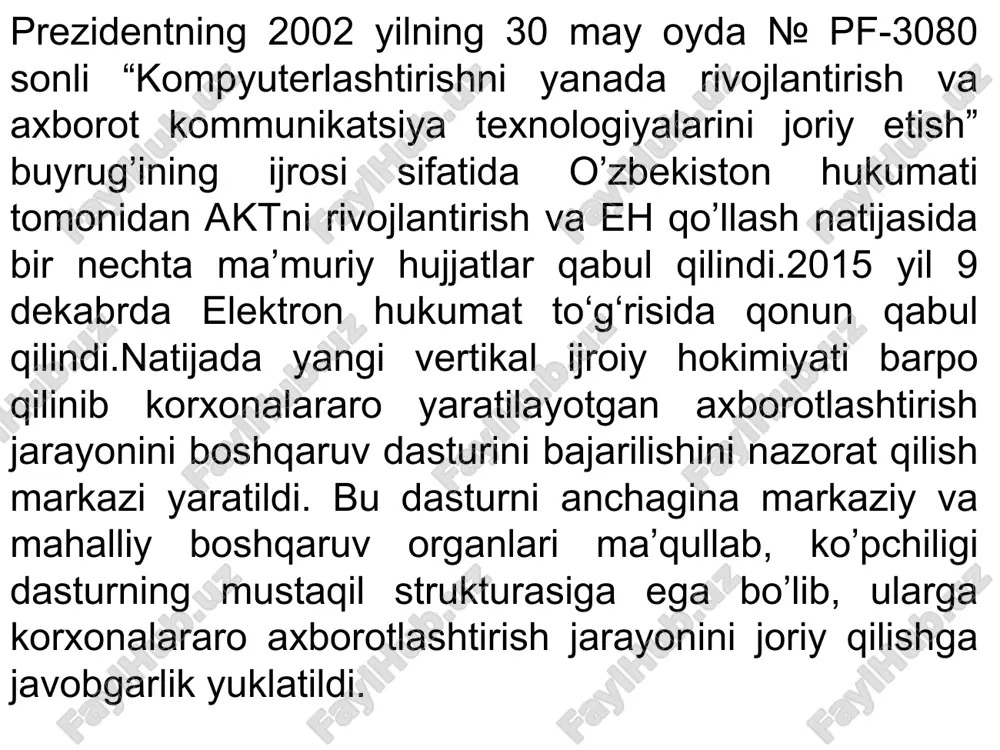 gov.uz, muxofaza qilingan axborotlarga kirishni ta’minlaydi; 2. tarmoqning xar xil pog’onalariga kirish ruxsatnomasini beruvchi markaz yaratish; 3. tarmoqning bazasini yaratuvchi jismoniy va yuridik shaxslar ro’yxatini tuzish; 4. elektron xizmat usullarini yaratuvchilar; 5. portal www.my.gov.uz bilan korxona axborot tizimi orasida interfeys yaratish. 2 - rasm. yagona interaktiv davlat xizmatlari portalining hozirgi ko’rinishi. (www.my.gov.uz) o'zbekiston respublikasi yagona interaktiv davlat xizmatlari portali (keyingi o'rinlarda yagona portal deb ataladi) internet tarmog'ida o'zbekiston respublikasining hukumat portali doirasida, shu jumladan «bir darcha» rejimida faoliyat ko'rsatadi. yagona portal orqali interaktiv davlat xizmatlari ko'rsatish vazirlar mahkamasining 2012 yil 30 dekabrdagi 378-son qaroriga muvofiq ro'yxatga olish va avtorizatsiya qilish jarayonlaridan o'tgan arizachilar uchun amalga oshiriladi. yagona portal davlat organlari tomonidan ko'rsatiladigan, shu jumladan pulli asosda ko'rsatiladigan interaktiv davlat xizmatlaridan erkin foydalanishning yagona nuqtasi hisoblanadi. elektron hukumat bajarishi mumkin bo’lgan davlat xizmatlarni quyidagi kategoriyalarga bo‘lish mumkin: - shaxsiy to‘lovlarni: daromad solig’i, transport solig‘i va h.k; - ijtimoiy ta’minot xizmatlari; - …