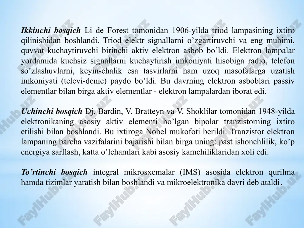 ega. kulon qonuni kulon qonuni bo’yicha orasidagi masofaga nisbatan o’lchamlari kichik bo’lgan ikkita zaryadlangan jismning o’zaro ta’sir kuchi. formula bilan aniqlanadi, bunda q1 va q­2 – jismlarning elektr zaryadlari, r-ular orasidagi masofa, ε -muhitning nisbiy dielektrik kirituvchanligi va ε0 -elektrik doimiylik. elektr maydoni kuchlanganligi elektr toki – elektr zaryadlarining tartibli harakati. elektr toki paydo boʻlishi va doimo paydo boʻlib turishi uchun: moddada erkin elektr zaryadlari; ularni tartibli harakatga keltiruvchi elektr maydon; zanjir berk boʻlishi kerak. zaryadli zarralar tok tashuvchilar deb ataladi. metallar va yarimoʻtkazgichlarda tok tashuvchilar elektronlardan, elektrolitlarda musbat va manfiy ionlardan, ionlashgan gazlarda musbat va manfiy ionlar hamda elektronlardan iborat bo’ladi. elektr kuchlanish — elektr va tashqi kuchlarning birlik musbat zaryadni zanjirning aniq bir qismida koʻchirishida bajargan ishiga teng boʻlgan fizik kattalik. elektr kuchlarning zanjir qismida birlik musbat zaryadni koʻchirishda bajargan ishi shu qism uchlaridagi potensiallar farqi (φ1-φ2) ga teng. tashqi kuchlarning birlik musbat zaryadni koʻchirishda bajargan ishi esa …