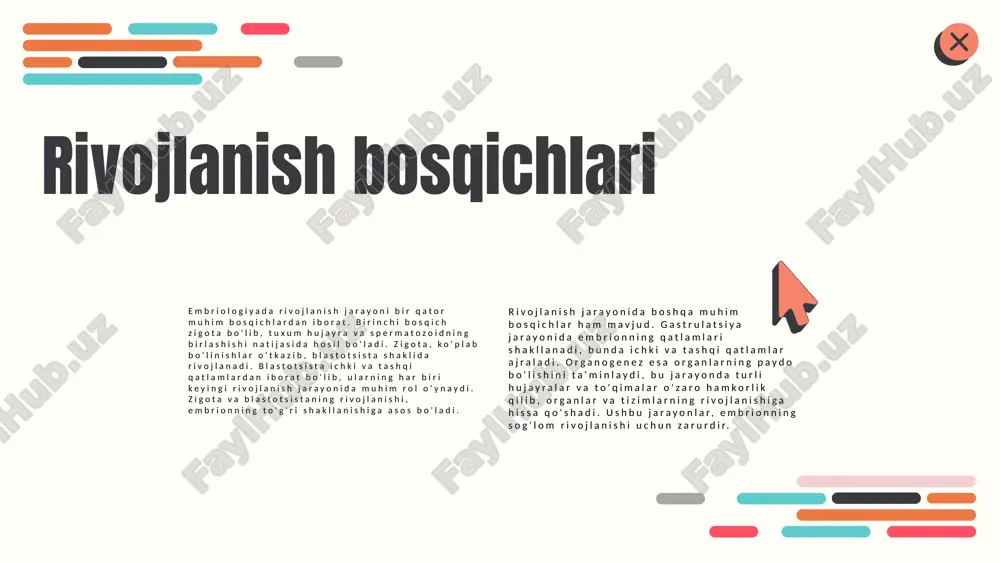 boshqaradi, jumladan, o'sish tezligi va organlar shakllanishi. - **atrof-muhit ta'siri:** genetik omillar muhit sharoitiga qarab har xil rivojlanish jarayonlarini amalga oshiradi. ushbu omillarni o'rganish rivojlanish jarayonidagi genetik xatoliklarni aniqlashda va to'g'ri tahlil qilishda muhim hisoblanadi. * genlar va ularning ta'siri genlar organizmning rivojlanish jarayonida muhim rol o'ynaydi. ular hujayralarning o'sishi, differentsiyasi va funksiyalarini belgilovchi ma'lumotlarni o'z ichiga oladi. masalan, insonning teri rangi va ko'z rangi genlar orqali nasldan-naslga o'tadi. shuningdek, ba'zi kasalliklar genetik omillar bilan bog'liq bo'lib, bu sog'liq holatiga ta'sir ko'rsatadi. boshqa misol sifatida, o'simliklarda rangning o'zgarishi genetik omillar orqali sodir bo'ladi. genlar shuningdek, organizmning muayyan sharoitlarga qanday moslashishini aniqlaydi. misol uchun, balandlikda yashovchi odamlar kislorod yetishmovchiligi bilan bog'liq muammolarga duch kelmasligi mumkin, chunki ularning genetik tuzilishi sharoitga moslashuvchanlikni ta'minlaydi. boshqa bir misol sifatida, moshina rangini o'zgartirishda genlar muhim ahamiyatga ega bo'lib, bu o'simliklarning rangini yoki tuzilishini o'zgartirishi mumkin. genetik omillar rivojlanishda va moslashuvchanlikda asosiy rol o'ynaydi. genetik mutatsiyalar …