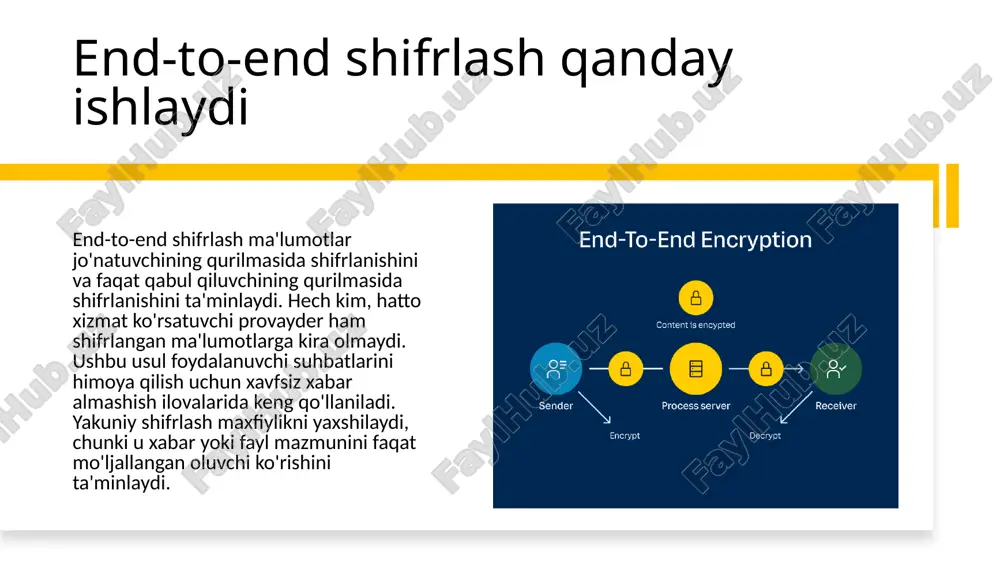 ifrlash bugungi raqamli landshaftda shaxsiy maxfiylik, biznes sirlari va milliy xavfsizlikni himoya qilishda muhim rol o'ynaydi. shifrlashning qiyinchiliklari va cheklovlari shifrlash kuchli vosita bo'lsa-da, ba'zi qiyinchiliklarga ega. agar shifrlash kalitlari yo'qolsa, shifrlangan ma'lumotlarni qayta tiklash imkonsiz bo'lishi mumkin. bundan tashqari, katta hajmdagi ma'lumotlarni shifrlash va parolini ochish ko'p vaqt va resurslarni talab qilishi mumkin. shifrlash jinoyatchilar tomonidan noqonuniy faoliyatni yashirish uchun ham ishlatilishi mumkin, bu xavfsizlik va maxfiylik o'rtasidagi muvozanat haqida bahslarga olib keladi. nihoyat, shifrlash maʼlumotlarga har doim ruxsat berilgan foydalanuvchilar kirishini taʼminlash uchun kalitlarni ehtiyotkorlik bilan boshqarishni talab qiladi. rahmat image1.jpeg image2.png image3.png image4.png image5.png image6.png image7.png image8.png image9.jpeg image10.png image11.png image12.png image13.jpeg /docprops/thumbnail.jpeg