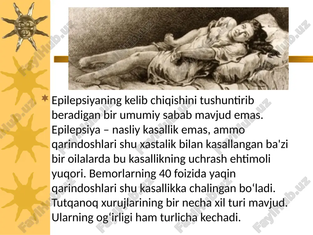sh, ust kiyimlarining tugmalarini bo`shatish lozim. tutqanoq tutgan vaqtda bemorning qo`l oyoqlarining lat yeyishidan asrash uchun ularni ushlab turish kerak, bo`lmasa suyaklar sinishi mumkin. ko`ylak yoqasini yechish, tilini tishlab olmasligi uchun sochiq chetini yumaloq qilib og`ziga tiqib qo`yish kerak. so`lak bir tomonga oqib turishi uchun bemorni yon boshlab yotqizib qo`yish tavsiya etiladi. tutqanoq tutib bo`lgandan keyin bemorni uyg`otmaslik kerak. parvarish qilish image2.jpeg image3.png image4.png image5.png image6.png image7.png image1.png
