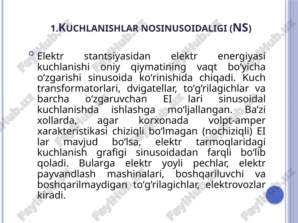 vjud boʻlsa, elektr tarmoqlaridagi kuchlanish grafigi sinusoidadan farqli boʻlib qoladi. bularga elektr yoyli pechlar, elektr payvandlash mashinalari, boshqariluvchi va boshqarilmaydigan toʻg’rilagichlar, elektrovozlar kiradi. foydalanilgan adabiyotlar: chernobrovov n.v. releynaya zashita. moskva. 1983 g. andreyev v.a. releynaya zashita i avtomatika sistem elektrosnabjeniya. moskva. 1992 g. krivenkov v.v., novella v.n. releynaya zashita i avtomatika sistem elektrosnabjeniya. moskva. 1981 g. spravochnik po elektrosnabjeniyu prom predpriyatiy. pod.red fyodrova a.a. moskva 1996 g. pue. rossiya m.2001 g. rele himoyasi va avtomatikasi fanidan ma’ruzalar matni. toshdtu. «elektr ta’minoti» kafedrasi. 2007 y. image2.png image3.png image4.png image5.png image6.png image7.png image8.png image9.png image10.png image11.png /docprops/thumbnail.jpeg