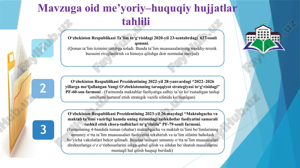 nini sifatli tashkil etishga ko‘maklashadi. yaponiyada maktablarida maxsus kengash tashkil etilgan bo‘lib, bunga ota-onalar, mahalla yetakchilari va hokimlik vakillari jalb qilingan. kengash maktab ehtiyojlarini o‘z vaqtda aniqlab, tashqi muammolarni tahlil qiladi va hal qilishda bevosita ishtirok etadi. maktabni rivojlantirishga ta’sir etayotgan to‘siqlarni kuzatuv kengashi faoliyati orqali bartaraf etish. kuzatuv kengashi faoliyati samaradorligini yanada oshirish zarur. 2 maktablarda ota-onalar bilan uzviy hamkorlik o‘rnatilgan. ota-onalar yig‘ilishlari tashkil etiladi. biroq, ayrim farzandi tarbiyasiga e’tiborsiz ota-onalarning ishtirokiga ehtiyojlar sezilayapti germaniyada maktablarida “ijtimoiy pedagog” maqomi joriy qilingan. u maktab bilan jamiyat o‘rtasidagi aloqalarni tashkil qiladi. unga qo‘shimcha oylik maosh to‘lanadi. pedagoglar, ijtimoiy xizmatlar, sog‘liqni saqlash va psixologik yordam markazlari o‘zaro tizimli hamkorlikda ishlaydi. bu maktabga tashqi muhitdagi muammolarni bartaraf etishda yordam beradi. maktabda “maktab-oila-mahalla” hamkorligini yanada rivojlantirish. farzandi tarbiyasiga e’tiborsiz ota-onalar uchun ijtimoiy tarmoqlarda videoroliklar e’lon qilish zarur. “birgalikda maktabimizni rivojlanntiramiz” loyiha ishini amalga oshirish. 3 so‘nggi yillardagi mamlakatimizda olib borilayotgan islohotlar natijasida “maktab-oila-mahalla” hamkorligi …