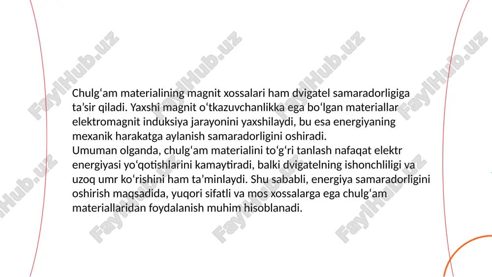 'rtacha 20-30% ga o'sib bormoqda. energiya iste'molini kamaytirish orqali global issiqxona gazlari emissiyasini 6% ga qisqartirish mumkin. shu bilan birga, 2030-yilga kelib, jahon elektr energiyasi ehtiyojining 13% ini quyosh energetikasi orqali qondirish rejalashtirilgan. chulg'am materiallarining energiya samaradorlikka tasiri jorahonov abdulhamid xulosa: chulg‘am materiallari elektr mashinalari, xususan, motorlar va transformatorlarning energiya samaradorligiga bevosita ta’sir ko‘rsatadi. ushbu qurilmalarda ishlatiladigan izolyatsiya materiallari issiqlikni samarali tarzda cheklab, qurilma ichidagi haroratning me’yorda bo‘lishini ta’minlaydi. natijada, elektr energiyasining yo‘qotilishi (issiqlik ko‘rinishida) kamayadi va qurilmaning samaradorligi ortadi. transformatorlarda chulg‘amlar orasidagi izolyatsiya to‘g‘ri tanlanmasa, kuchlanish o‘tishlari, qisqa tutashuvlar yoki haddan tashqari qizishlar yuzaga kelishi mumkin, bu esa elektr energiyasining isrofiga olib keladi. xuddi shuningdek, elektr motorlarda ham izolyatsiya sifati past bo‘lsa, spiral qizishi kuchayib, motorning ishlash muddati qisqaradi va samaradorligi pasayadi. demak, motor va transformatorlarda chulg‘am materiallarining sifati va to‘g‘ri qo‘llanilishi energiya samaradorligini ta’minlashda, ishonchlilikni oshirishda va elektr yo‘qotishlarini kamaytirishda juda muhim rol o‘ynaydi. foydalanilgan adabiyotlar 1. i.l. …