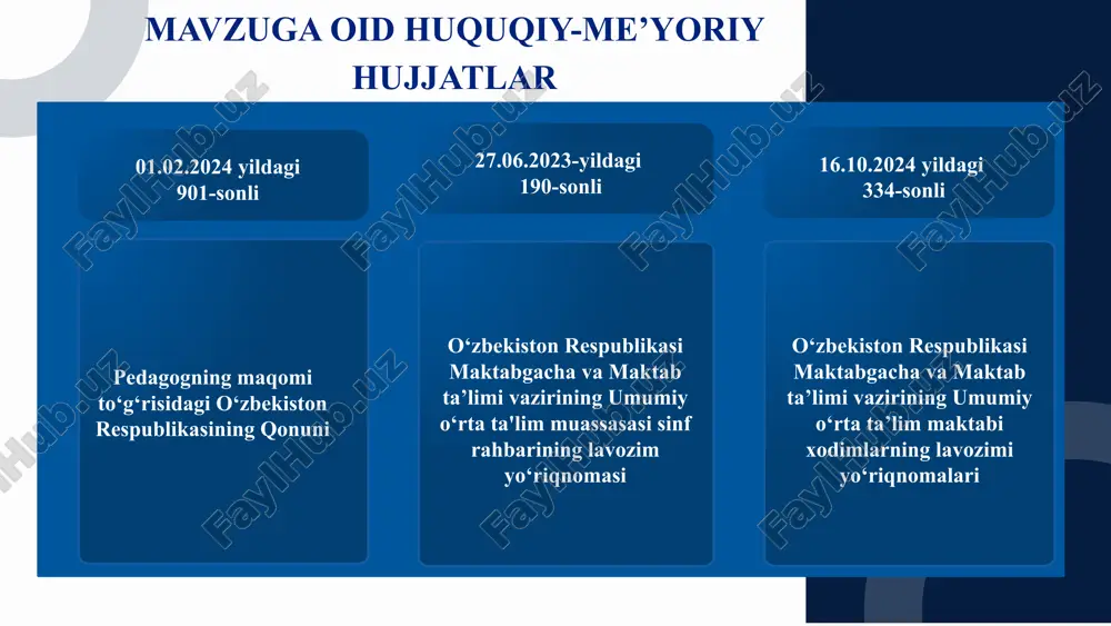 i bosqichga olib chiqadi 2. uzoq muddatli strategiyalarni ishlab chiqilmaganligi fan o‘qituvchilari va sinf rahbarlari o‘rtasida maxsus rejalar ishlab chiqiladi maktab direktori, mmibdo‘ va o‘ibdo‘ o‘quv yili davomida o‘qituvchilar va sinf rahbarlar aniq maqsad asosida hamkorlikni amalga oshirish imkoniyati yaratiladi 3. maktabda fan o‘qituvchilar sinf rahbarlari uchun “ustoz - shogird” an’anasini yo‘lga qo‘yilmaganligi har bir ta’lim muassasasida malakali sinf rahbarlar yangi faoliyat boshlagan sinf rahbarlarga ustoz sifatida biriktirish maktab direktori oibdo‘, mmibdo‘ o‘quv yili davomida tajribasi oshadi muammoli va vaziyatlarga yechim topishni o‘rganadi, o‘quvchilar va ota- onalar bilan muloqot qilishni mustahkamlaydi chora - tadbir rejasi menga bildirgan ishonchingiz va e’tiboringiz uchun rahmat image1.png image2.png image3.png image4.jpeg image5.png image6.png image7.png image8.png image9.png image10.jpeg image11.png image12.png image13.png