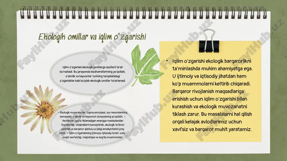 oladi. innovatsion metodologiyalar, masalan, dizayn fikrlashi va agilarni ishlab chiqish, muammolarni hal qilishda ijodiy yondashuvlarni rag'batlantiradi. nazariy muammolarni hal etishda innovatsion yondashuvlar zamonaviy texnologiyalar va metodologiyalar orqali amalga oshiriladi. texnologiyalar muammolarni aniqlash va samarali yechimlar topishda yordam beradi. metodologiyalar ijodiy fikrlashni osonlashtiradi va muammolarni turli nuqtai nazardan ko'rishga imkon beradi. innovatsion yondashuvlarning afzalliklari yangi imkoniyatlarni yaratish resurslarni samarali ishlatish muammolarni tezda hal qilish innovatsion yondashuvlar yangi g'oyalar va yechimlar kiritish orqali muammolarni hal qilish imkonini beradi. masalan, qayta tiklanadigan energiya manbalaridan foydalanish, yangi iqtisodiy imkoniyatlarni yaratadi. resurslarni samarali ishlatish innovatsion yondashuvlar yordamida amalga oshiriladi. misol uchun, chiqindilarni qayta ishlash va energiya tejovchi texnologiyalar xarajatlarni kamaytiradi va ekologik samaradorlikni oshiradi. muammolarni tezda hal qilish uchun innovatsion yondashuvlar moslashuvchan yechimlarni taqdim etadi. ekologik muammolar, masalan, iqlim o'zgarishi bilan bog'liq muammolarni hal qilishda tezkor strategiyalar ishlab chiqishga imkon beradi. amaliy misollar va tajribalar ushbu slaydda nazariy muammolarni hal etish bo'yicha amaliy misollar va …