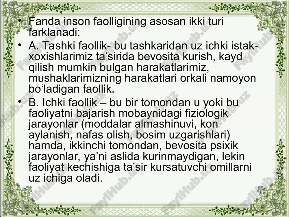 ltiruvchi holatdir. kishining faolligi ehtiyojlarining qondirilishi jarayonida namoyon bo‘ladi. xuddi shu o‘rinda odam bilan hayvonning xatti-harakatlari faolligi o‘rtasidagi tafovutlar ayon bo‘ladi. hayvon o‘z ehtiyojlarining obyektini egallab olish uchun faol intilishga da’vat etishi ehtimoli borligini o‘zining tabiiy tuzilishiga ko‘ra bamisoli oldindan bilishi tufayli faollik bilan harakat qiladi. hayvonlar ehtiyojining qondirilish jarayoni ularning muhitga yaxshiroq moslashuvini ta’minlaydi. odamning faolligi va faollikning manbai bo‘lgan insoniy ehtiyojlari tamomila boshqacha manzara kasb etadi. kishining ehtiyoji uni tarbiyalash, ya’ni kishilik madaniyati olami bilan yaqinlashtirish jarayonida shakllanadi. kishining o‘z ehtiyojlarini qondirish jarayoni ijtimoiy taraqqiyot bilan belgilanadigan faoliyat shaklini egallashning faol, muayyan maqsadga yo‘naltirilgan jarayoni sifatida alohida ajralib turadi. ehtiyojlar qondirilishi jarayonida rivojlanib va o‘zgarib boradi. kishining ehtiyojlarini to‘liq qondirish uni har tomonlama rivojlan-tirishning eng muhim shartlaridan biri hisoblanadi. kishining ehtiyojlari ham ijtimoiy, ham shaxsiy xususiyatga egadir. bu, birinchidan, hatto shunchaki tor ma’nodagi shaxsiy xususiyatga ega bo‘lib tuyuladigan ehtiyojlarni qondirish uchun ham ijtimoiy mehnat taqsimotining mahsulidan foydalanilishida o‘z …
