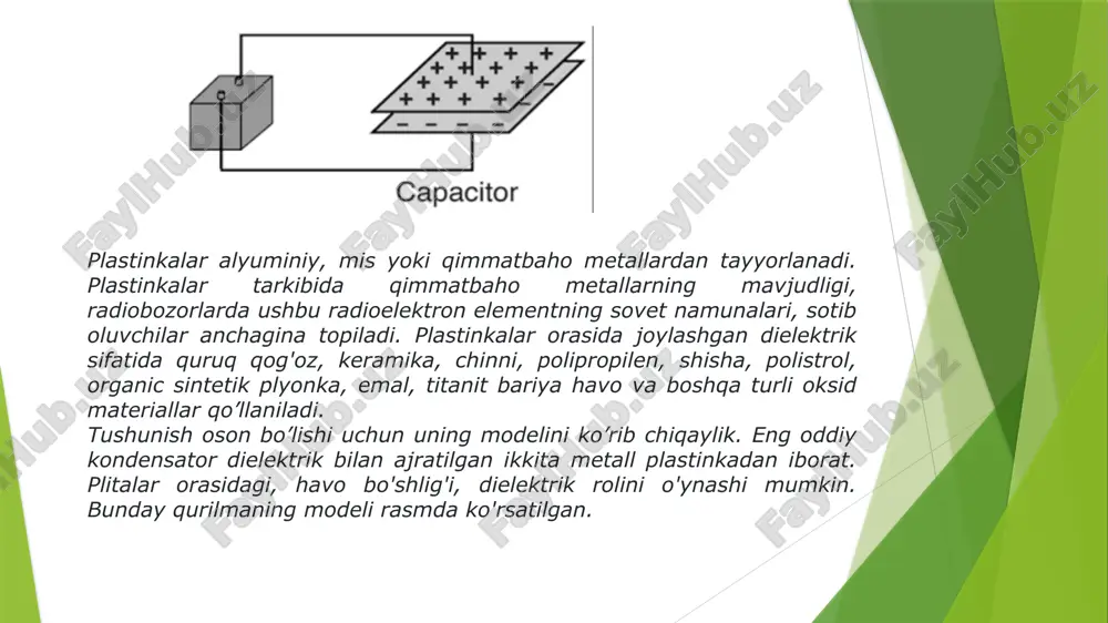ini ulash uchun; tarmoq kuchlanishidan himoya qilish uchun; yuqori quvvatli impulsli oqim generatorlarida, impulsli kuchlanish davrlarida foydalanish uchun; elektr razryadli payvandlash uchun; kondensator motorlarini ishga tushirish va kerakli faza almashinuvini yaratish uchunqo'shimcha motor o'rashlari; lyuminestsent lampalar asosidagi yoritish moslamalarida; elektr jihozlari va elektr transport vositalari tomonidan hosil boʻladigan radio shovqinlarni bostirish uchun. xulosa qilib aytadigan bo'lsak, deylik, kondensatorlar ko'lami shunchalik kengki, u hayotimizning barcha sohalarini qamrab oladi, bu qurilmalar qayerda ishlatilmasin, bunday yo'nalish yo'q. aslini olganda, kondansatörler elektronikada ko'p qirrali rol o'ynaydi, kontaktlarning zanglashiga olib samarali ishlashiga yordam beradi, kiruvchi signallarni filtrlaydi, energiyani saqlaydi va elektr tizimlarining barqarorligi va himoyasini ta'minlaydi. ularning ko'p qirrali tabiati va qo'llash doirasi ularni zamonaviy texnologiyalarda ajralmas qiladi. foydalanilgan adabiyotlar. 1. https://elteam.uz/blog/detail/kondensatorni-tuzilishi/ 2. https://uz.havethebestelectronics.com/17185935-purpose-and-application-of-capacitors 3. aburahmonov k.p. fizika darslik. 88-bet. toshkent 2010yil. image1.jpg image2.png image3.png image4.png image5.png image6.png image7.png /docprops/thumbnail.jpeg