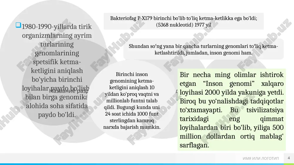 rning genomi toʻliq xaritaga tushirildi va hokazo. bugungi kunga qadar hayvonot olamining 50 dan ortiq vakillarining (asosan, kichik genom hajmiga ega - pnevmoniya, sifilis, rikketsiya, spiroxetalar, xamirturush, yumaloq chuvalchanglar va boshqalar patogenlari) dnksida bazaviy ketma-ketlikni aniqlash yakunlandi. shunga o'xshash ish inson genomi bilan bog'liq holda yakunlanmoqda. 10 imya ili logotip 11 genomika fani tarmoqlar strukturaviy genomika funksional genomika tibbiyot genomika populyatsion genomika epigenomika farmokogenomika qiyosiy genomika imya ili logotip genomika fanining tarmoqlari odamlar turli maqsadlarda genomikani o'rganmoqdalar va tajriba o'tkazmoqdalar. bu yerda genomikaning har xil turlariga misollar keltirilgan: strukturaviy genomika: genom tomonidan kodlangan har bir oqsilning tuzilishini aniqlashga qaratilgan. funktsional genomika: gen va oqsil funktsiyalarini tavsiflash uchun ketma-ketlik ma'lumotlarini to'plash va ulardan foydalanishga qaratilgan. qiyosiy genomika: turli turlar orasidagi genomik xususiyatlarni solishtirishga qaratilgan. mutatsion genomika: genomni odamning dnk yoki genomida yuzaga keladigan mutatsiyalar nuqtai nazaridan o'rganadi. 12 imya ili logotip 13 genetika - bu genlar va ularning irsiyatdagi rollarini o'rganadi, …