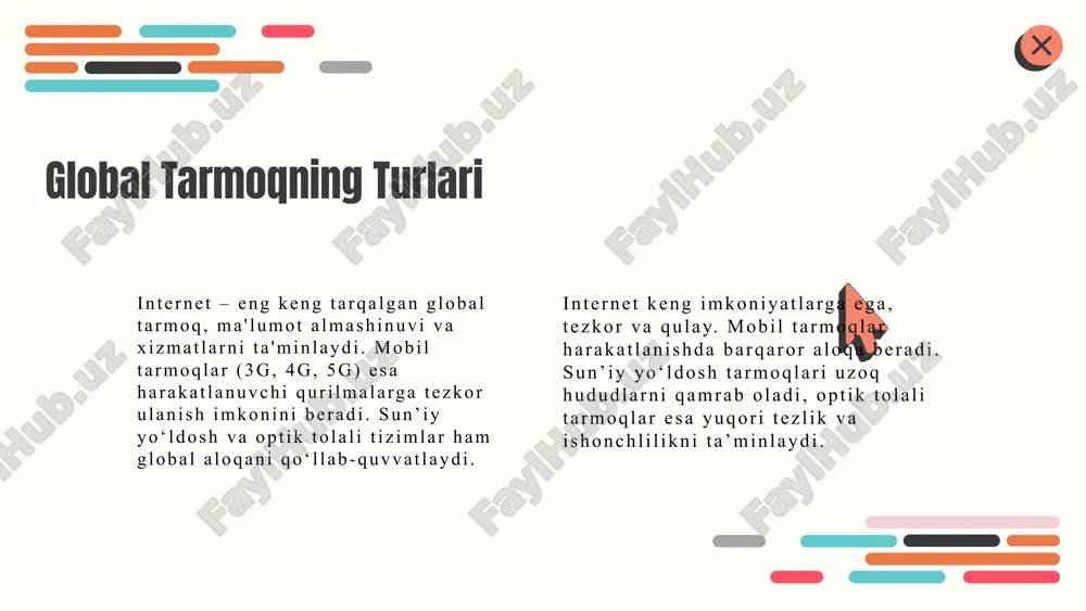 tadi. • rivojlanishi: so‘nggi yillarda optik tolali aloqa, 5g, wi-fi 6 kabi ilg‘or texnologiyalar ishlab chiqildi. bu texnologiyalar tarmoq sig‘imi, tezligi va ishonchliligini oshirib, zamonaviy ilovalar va xizmatlar uchun keng imkoniyatlar ochdi. tarmoqlarni ulash texnologiyalari turlari ethernet: asosiy tarmoq ulash texnologiyasi ethernet — lokal tarmoqlarda keng foydalaniladigan, yuqori tezlik va ishonchlilikni ta’minlovchi kabel asosidagi texnologiyadir. uning asosiy turlari: fast ethernet, gigabit ethernet. ethernet uchun asosiy standartlar ieee 802.3 bo‘lib, ular ma’lumotlarni paketlar ko‘rinishida uzatishni ta’minlaydi. protokol turli tezlik va kabellar bilan ishlash imkonini beradi. wi-fi: simsiz ulanish imkoniyatlari wi-fi — simsiz tarmoq texnologiyasi bo‘lib, asosan ieee 802.11 standartlariga tayangan. wi-fi turli tezlik va diapazonlarni qo‘llab, mobil va qulay ulanish imkonini beradi. wi-fi keng tarqalgan va turli standartlari (802.11a/b/g/n/ac) mavjud. u, odatda, ofis, uy va jamoat joylarida internetga simsiz ulanish uchun ishlatiladi. tezlik va samaradorlik – zamonaviy tarmoqlar, masalan, fiber optik va 5g texnologiyalari orqali ma’lumotlarni juda tez va samarali uzatish …