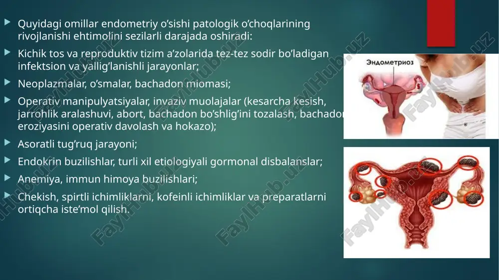 zda endometriy hujayralarning transportirovkasi, endometriozning boshqa o’choqlaridan hujayralarning chiqishi, shuningdek homilaning rivojlanish davridagi anomaliyalari bilan bog’liq. peritoneal endometriozdagi alomatlar ham tos hududidagi og’riq hissi bilan namoyon bo’ladi, og’riq jinsiy aloqa, defakatsiya, hayz vaqtida paydo bo’ladi yoki kuchayadi. kasallikning ushbu shaklini tashxislash juda qiyin, ko’pincha peritoneal endometrioz o’choqlari terapevtik yoki diagnostik operatsiya vaqtida aniqlanadi. qin endometriozining sabablari va belgilari bachadon endometriozi nafaqat a’zoning bo’yiniga, balki qinga ham tarqalishi mumkin, ayniqsa, qinda yallig’lanish jarayonlari, yaralar, yuzaning yaxlitligini buzgan jarohatlar mavjud bo’lsa. kasallikning klinik ko’rinishi jinsiy aloqada qon ketish va og’riqli his-tuyg’ular, hayz kelishida og’riqning qinda joylashishidir. tashxislash bemorlarni ginekologik tekshiruvdan o’tkazish va tadqiq qilish uchun materiallar olish orqali amalga oshiriladi. terapiya usuli — medikamentoz davolash, gormonal preparatlarni tayinlash, dorivor preparatlardan samara bo’lmagan holda, olib tashlash, kuydirish uchun jarrohlik muolajalari o’tkazishdir qovuq endometriozi xususiyatlari qovuq (siydik pufagi) devorlarining endometriy bilan shikastlanishi kamdan-kam hollarda kuzatiladi. kasallikning ushbu shakli rivojanishining sabablari orasida hayz paytida qonning …