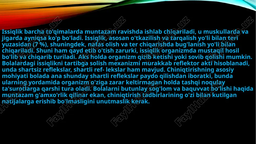 in pasaytirish yoki o'sha haroratning o'zida havo vannasini qabul qilish muddatini asta-sekin uzaytira borish yo'li bilan miqdorlash mumkin. havoning namligini va uning harakatini e'tiborga olish lozim. bu ko'rsatkichlar qancha yuqori bo'lsa havoda yurish muddati shuncha qisqa bo'lishi kerak. harakat paytida qabul qilingan havo vannalari bolalarning harakat faoliyati vaqtida havoning terining yalang'och qismiga bevosita ta'sir etishini ta'minlaydi. bunday havo vannasidan eng maqsadga muvofig'i va tabiiy ko'rinishi ochiq havoda derazalari ochiq xonalarda o'tkaziladigan ertalabki gimnastika, jismoniy tarbiya mashg'ulotlaridir. havo vannalarini bunday o'tkazish sovuq havo va jismoniy mashqlar bolaga bir vaqtning o'zida ta'sir qildiriladi. havo bilan chiniqtirishda bolani yil bo'yi har kuni muntazam ravishda sayr qildirish ham tavsiya etiladi. quyosh vannalari suvni haqli ravishda obi-hayot deb atashadi. ustidan muntazam suv quyib turgan va ayniqsa, sovuq suvda muntazam cho'milib yurgan kishilar intensiv ravishda jismoniy mashq bilan shug'ullansalar bu chindan ham tetik va salomatlikning kuchli manbayi bo'ladi. haqiqatan ham suvda chiniqtirish tadbiri ham- ma uchun …