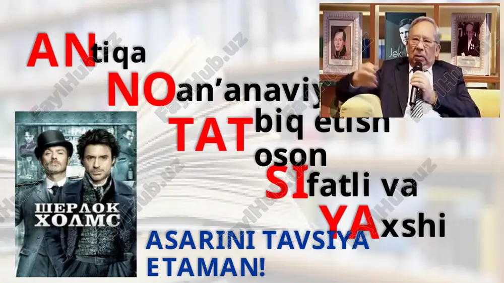 .visibility style.visibility style.visibility bu kitob mantiqiy fikrlash , kuzatuvchanlik , sinchkovlik , t opqirlik xislatlari bilan sug’orilgan va soha vakillariga qo’l keladi . sizga ham tavsiya etaman !!! style.visibility style.visibility sherlok holms: matematik va fizik mashhur izquvar doktor vatson:shifokor va psixolog ingliz-afg’on urushi qatnashchisi asardan l avhalar style.visibility style.visibility style.visibility ppt_x ppt_y style.visibility style.visibility ppt_x ppt_y style.visibility style.visibility style.visibility ppt_x ppt_y style.visibility style.visibility muallif haqida (1859-1930) artur konan doyl 1859-yil 22-mayda edinburgda tavallud topgan . edinburg universitetida tahsil olgan . doyl yozuvchilikdan tashqari fizika va tibbiyot bilan ham shugʻullangan . style.visibility style.visibility style.visibility style.visibility style.visibility ppt_w ppt_h style.visibility ppt_w ppt_h an no tat si ya tiqa a n’anaviy b iq etish oson f atli va xshi asarini tavsiya etaman! style.visibility style.visibility style.visibility ppt_w ppt_h style.rotation style.visibility ppt_w ppt_h style.rotation style.visibility ppt_w ppt_h style.rotation style.visibility ppt_w ppt_h style.rotation style.visibility ppt_w ppt_h style.rotation style.visibility ppt_w ppt_h style.rotation style.visibility ppt_w ppt_h style.rotation style.visibility …