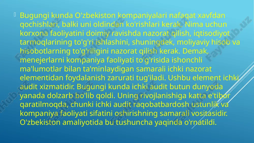 ik qilish; ichki audit xizmati faoliyatini tashkil etish bilan bog‘liq idoraviy normativ–huquqiy hujjatlar va boshqa tegishli hujjatlarni ichki audit milliy standartlariga muvofiq ishlab chiqilishini tashkil etish va ijrosini nazorat qilish; ichki audit xizmatiga malaka talablariga javob beradigan, bilimli va malakali xodimlarni jalb etish va ularning ish faoliyati ustidan nazorat o‘rnatish; ichki audit xizmati xodimlarini belgilangan tartibda va muddatlarda malakasini oshirishni ta'minlash; ichki audit faoliyati bilan bog‘liq vazifalar ijrosi yuzasidan vazirlik va idora rahbari hamda vakolatli davlat organiga belgilangan tartibda muntazam ravishda hisobot berib borilishini ta'minlash; ichki audit xizmati faoliyatining tegishli normativ–huquqiy hujjatlarga muvofiqligini ta'minlash hamda ichki audit xizmati faoliyatini takomillashtirish va samaradorligini oshirish bo‘yicha vazirlik va idora rahbariga taklif kiritish. xulosa shunday qilib, yuqorida aytilganlarning barchasini sarhisob qilsak, shuni aytishimiz mumkinki, ichki audit doimiy, kelajakka yo'naltirilgan jarayon bo'lib, u biznes jarayonlarini, biznes va moliyaviy risklarni boshqarish va boshqarish tizimlarining samaradorligini baholashdan iborat. faqat o'zbekistonda rivojlanayotgan holda kompaniyaning rivojlanish maqsadlariga erishishga …