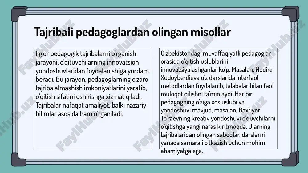 r bir-biridan o'rganish va innovatsion metodlarni qo'llash imkoniyatiga ega bo'ladi. o'qituvchilar o'rtasida o'zaro tajriba almashish, yangi g'oyalar va metodlarni kashf etishga yordam beradi. o'rganish jarayonida intervyu, so'rovnomalar va kuzatishlar kabi metodlardan foydalaniladi. guruh muhokamalari va seminarlar o'qituvchilarning tajribalarini baham ko'rishga yordam beradi, natijada ta'lim jarayonida yangi g'oyalar va yechimlar paydo bo'lishi kutiladi. ushbu metodlar natijasida, o'qituvchilarning o'zaro tajribalarini o'rganish orqali kelajakdagi o'qituvchilarga yordam beruvchi yangi strategiyalar ishlab chiqilishi mumkin. o'qituvchilarning tajribalaridan foydalanishning afzalliklari o'qituvchilarning tajribalarini o'rganishning asosiy afzalliklari: - o'qitish sifatini oshirish: o'qituvchilar o'z tajribalarini o'rganish orqali o'quv uslublarini yaxshilaydi va o'quvchilarning muvaffaqiyatini oshiradi. - innovatsion yondashuvlarni qo'llash: o'qituvchilar yangi pedagogik usullarni qo'llash imkoniyatini topadilar, bu esa ta'lim jarayonini yanada samarali qiladi. samarali foydalanish uchun: - o'qituvchi va talabalar o'rtasida muloqotni kuchaytirish: o'qituvchilar o'zaro tajribalarini baham ko'rish orqali talabalar bilan yaxshiroq aloqa o'rnatishlari mumkin. - tajribalarni baham ko'rish va umumlashtirish: o'qituvchilar o'z tajribalarini baham ko'rishadi, bu esa yangi g'oyalar va …