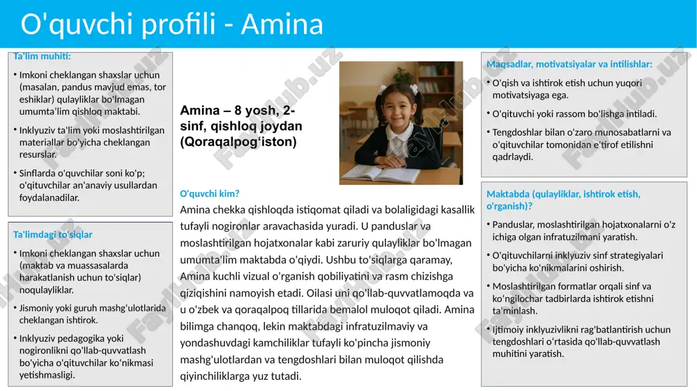 li o'quvchi. u an'anaviy qadriyatlarga tayanuvchi jamiyatda yashasi tufayli u yerdagi gender qarashlar uning uzoq muddatli ta'limga intilishlarini cheklashi mumkin. malika tadqiqotga asoslangan va hamkorlik muhitida o'zini erkin sezadi, lekin hozirda talabchan, an’anaviy ta’limga asoslangan muhitda o'qiydi. uning oilasi ta'limni qadrlaydi, lekin stereotiplar o'qishni uzliksiz davom ettirishiga to'sqinlik qiladi. yanada zamonaviylashtirilgan o'quv dasturi va o'z ilmiy qiziqishlari asosida ta'lim olish unga kelajakdagi maqsadlariga erishishda qo'l kelishi mumkin. malika – 12 yosh, 6-sinf, o‘rtacha hajmdagi shahar (qashqadaryo) membres du groupe : o'quvchi profili - malika o'quvchi kim? malika tabiiy va matematika fanlari bo‘yicha alohida qobiliyatga ega bo'lgan iqtidorli o'quvchi. u an'anaviy qadriyatlarga tayanuvchi jamiyatda yashasi tufayli u yerdagi gender qarashlar uning uzoq muddatli ta'limga intilishlarini cheklashi mumkin. malika tadqiqotga asoslangan va hamkorlik muhitida o'zini erkin sezadi, lekin hozirda talabchan, an’anaviy ta’limga asoslangan muhitda o'qiydi. uning oilasi ta'limni qadrlaydi, lekin stereotiplar o'qishni uzliksiz davom ettirishiga to'sqinlik qiladi. yanada zamonaviylashtirilgan o'quv dasturi va …