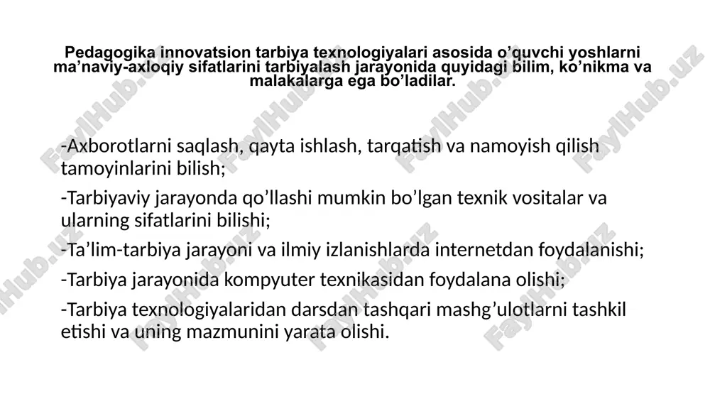 ts zagolovka 02.10.2024 ‹#› obrazets zagolovka obrazets teksta vtoroy uroven tretiy uroven chetvertiy uroven pyatiy uroven obrazets teksta vtoroy uroven tretiy uroven chetvertiy uroven pyatiy uroven 02.10.2024 ‹#› obrazets zagolovka obrazets teksta 02.10.2024 ‹#› obrazets zagolovka obrazets teksta vtoroy uroven tretiy uroven chetvertiy uroven pyatiy uroven 02.10.2024 ‹#› obrazets zagolovka obrazets teksta obrazets teksta vtoroy uroven tretiy uroven chetvertiy uroven pyatiy uroven obrazets teksta obrazets teksta vtoroy uroven tretiy uroven chetvertiy uroven pyatiy uroven 02.10.2024 ‹#› an’anaviy tarbiya texnologiyalari innovatsion tarbiya texnologiyalari kognitiv tarbiya texnologiyalari 1. so‘z o rq a li if o d a l a sh usuli. 2. ko‘rg a zm a lilik usuli. 3. a m a liy n a mun a usuli. 4. r a g‘b a tl a ntirish v a j a z o usull a rig a bo‘lin a di 7166 639 microsoft office powerpoint shirokoekranniy 42 13 0 0 2 false ispolzovannie …