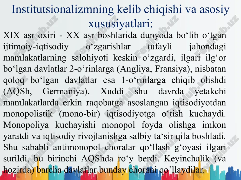 eblen ilmiy-texnika inqilobini kuchaytirish, hokimiyatni texnik intelligensiya qo‘liga berish bilan hal etishni taklif qiladi. buning uchun barcha injener-texnik xodimlar umumiy ish tashlashlari kerak, shunda tadbirkorlar ularning shartlariga ko‘nishga majbur bo‘ladilar. kapitalizm transformatsiyasi «texniklar kengashi» vositasida bajariladi, hozirgi zamon jamiyatida intelligensiyaning roli birinchi o‘ringa qo‘yiladi, ya’ni biznes olamini injener- texnik intellegensiya yenga oladi. sanoat mutaxassislari yagona sinf sifatida qaraladi va bu sinfning asosiy maqsadi texnikadan foydalanishni takomillashtirishdir. demak, veblen yangi jamiyatni «texnokratik» ko‘z bilan ko‘radi va kapitalizmni saqlab qolish yo‘lini taklif etadi. jon r.kommons qarashlari j.kommons ijtimoiy-huquqiy institutsionalizm yo‘nalishining asosiy vakili hisoblanadi. uning asosiy g‘oyalari amerika tred-yunionizm mafkurasini ifodalaydi. uning ta‘limoti jamoat institutlari faoliyatini (oila, ishlab chiqarish korporatsiyasi, savdo birlashmalari, tred-yunionlar, davlat va yuridik huquqiy munosabatlar) tadqiq etish bilan bog‘iq. u mavjud tuzumni isloh va modernizatsiya qilishga intiladi, biznes tizimini shunchalik samarali qilish kerakki, u o‘zini-o‘zi saqlashga qodir bo‘lsin, deydi u. jon r.kommons qarashlari kommons mulk shakllarini iqtisodiy munosabatlar shaklida tahlil …