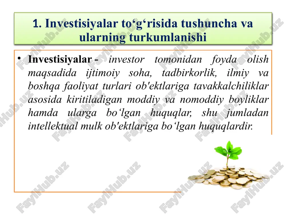ning kamaytirilishi. 2. investisiyalarni baholash va ular hisobini yuritish 2. investisiyalarni baholash va ular hisobini yuritish boshqa korxonalarning qimmatli qog‘ozlariga, mamlakat hududida va xorijda tuzilgan sho‘ba va qaram xo‘jalik jamiyatlari va boshqa korxonalarning ustav kapitallariga qilingan uzoq muddatli investisiyalar (qo‘yilmalar)ning mavjudligi va harakati hamda boshqa korxonalarga berilgan uzoq muddatli qarzlar to‘g‘risidagi axborotlarni umumlashtirish quyidagi schyotlarda amalga oshiriladi: 0610 "qimmatli qog‘ozlar"; 0620 "sho‘'ba xo‘jalik jamiyatlariga investisiyalar"; 0630 "qaram xo‘jalik jamiyatlariga investisiyalar"; 0640 "chet el kapitali mavjud bo‘lgan korxonalarga investisiyalar"; 0690 "boshqa uzoq muddatli investisiyalar". 2. investisiyalarni baholash va ular hisobini yuritish 0610 "qimmatli qog‘ozlar" schyotida obligasiyalar, aksiyalar va boshqa qimmatli qog‘ozlarga qilingan uzoq muddatli investisiya (qo’yilma)larning mavjudligi va harakati hisobga olinadi. 0620 "sho‘ba xo‘jalik jamiyatlariga investisiyalar", 0630 "qaram xo‘jalik jamiyatlariga investisiyalar", 0640 "chet el kapitali mavjud bo‘lgan korxonalarga investisiyalar" schyotlarida tegishli chet el kapitali mavjud bo‘lgan sho‘ba va qaram xo‘jalik jamiyatlariga qilingan uzoq muddatli investisiyalarning mavjudligi va harakati hisobga olinadi. 2. …