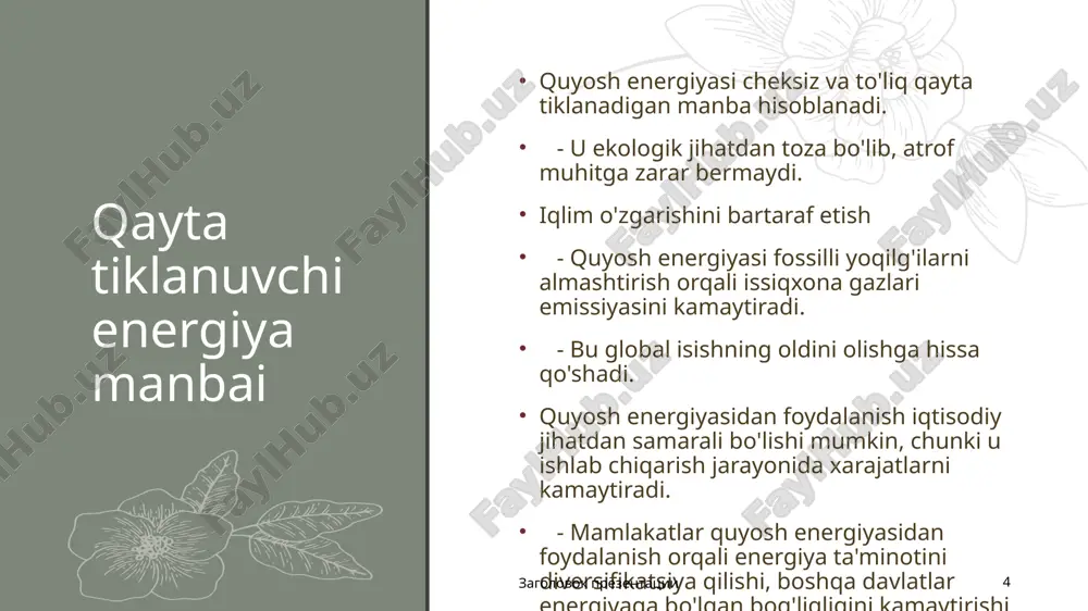 lari ekosistemalarga, ekinlar va o'simliklarning o'sishiga ta'sir etadi. o'simliklar fotosintezi quyosh energiyasi o'simliklar tomonidan fotosintez jarayonida foydalaniladi. o'simliklar quyosh nurlarini o'z ichiga olib, kislorod va organik moddalarni hosil qiladi. ekologik tizimlar rivoji quyosh energiyasi hayotning rivojlanishi va ekosistemalarning barqarorligiga katta ta'sir ko'rsatadi. ozuqa zanjiri, hayvonlar va o'simliklar o'rtasidagi munosabatlar quyosh energiyasiga asoslangan. zagolovok prezentatsii 11 xulosa xulosa quyosh energiyasining atmosfera va yer sirtidagi o'zgarishlari yerda hayotning rivojlanishi va iqlim sharoitining shakllanishida muhim rol o'ynaydi. bu jarayonlarni tushunish, kelajakda barqaror energiya manbalarini rivojlantirish va ekologik muammolarni hal qilishda yordam beradi. nazvanie prezentatsii 12 rahmat mirmaxamatova madina. image16.png image3.png image1.png image2.svg image17.png image18.png image6.png image7.svg image8.png image9.svg image19.jpg image12.png image13.svg image20.png image21.jpg image14.png image15.svg image10.png image11.svg .msftofcthm_background2_fill_v2 { fill:#e7e6e6; } .msftofcthm_background2_fill_v2 { fill:#e7e6e6; } .msftofcthm_accent1_lummod_60_lumoff_40_fill_v2 { fill:#b2b6af; } .msftofcthm_background2_fill_v2 { fill:#e7e6e6; } .msftofcthm_background2_fill_v2 { fill:#e7e6e6; } .msftofcthm_background2_fill_v2 { fill:#e7e6e6; }