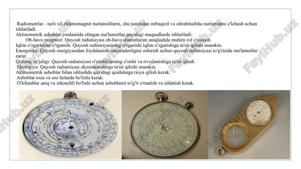 ining effektiv nurlanishi (yaʼni yer sirtining bevosita nurlanishi bilan atmosferaning roʻpara nurlanishi farqi)ni oʻlchash uchun moʻljallangan asbob. pirgeometr galma-gal keladigan qora (gʻadir-budir) va nikellangan (yaltiroq) metall polosalardan iborat moslama (radiatsiya qabul qilgich) dan iborat (termoelektr p.). effektiv nurlanishni oʻlchash uchun pirgeometrning qabul qilish sirti dam-badam osmon va yer tomonga oʻgirib turiladi. qora va yaltiroq polosalarning nurlanishni yutish va sochish xususiyati turlicha boʻlganligi uchun temperaturalar farqi (termotok) paydo boʻladi. termotok miqdori galvanometr bilan oʻlchanadi. pirgeometrning mutlaq kompensatsion xili ham bor (v. a. mixelson pirgeometri). bunda polosalar qarama-qarshi tomonga qaratib joylashtirilgan. u yer sirtining effektiv nurlanishini bevosita aniqlashga imkon beradi. pirgeometrning ishlash prinsipi: pirgeometr infraqizil diapazondagi nurlanishni o'lchaydi. uning sezgir elementi (termopil) yer sirtidan kelayotgan issiqlik nurlanishini va atmosferadan kelayotgan issiqlik nurlanishini qabul qiladi. ushbu nurlanishlar orasidagi farq pirgeometr tomonidan o'lchanadi va yer sirtining effektiv nurlanishi sifatida qayd etiladi. pirgeometrning tuzilishi: pirgeometr odatda quyidagi qismlardan iborat bo'ladi: 1.sezgir element (termopil): issiqlik nurlanishini …