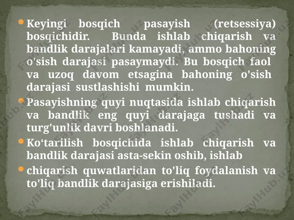 kabi boshqa sabablardan kelib chiqadi? frikssion ishsizlik tarkibiy ishsizlik. davriy ishsizlik ishmuhamedov a.e., jumayev z.a., jumayev q. x. m akroiqtisodiyot (o 'q u v qo’llanma). -t.: 0 ‘zbekiston y o zu v ch ilar u y u sh m asi adabiyot jamg 'arm a s i nashriyoti, 2005. www.wikipedia.org foydalanilgan adabiyotlar: iqtisodiy tebranishlar va ishsizlik o'rtasida chuqur aloqalar mavjud. iqtisodiy tebranishlar, ya'ni iqtisodiy o'zgarishlar va to'xtab qolishlar (retsessiya yoki inqiroz), ish bilan ta'minlash darajasiga bevosita ta'sir ko'rsatadi. iqtisodiyot o'sishi va barqarorligi ish o'rinlari yaratishni va ishsizlikni kamaytirishni ta'minlaydi. aksincha, iqtisodiy pasayish yoki inqirozlar ish o'rinlarining kamayishiga va ishsizlikning ortishiga olib keladi. xulosa iqtisodiy o'sishni rag'batlantiruvchi va ishsizlikni kamaytiruvchi siyosatlarni amalga oshirish, masalan, soliq imtiyozlari, investitsiya loyihalarini qo'llab-quvvatlash va ta'lim tizimini kuchaytirish orqali ishchi kuchining raqobatbardoshligini oshirish zarur. shu tarzda, iqtisodiy tebranishlar ishsizlikka katta ta'sir ko'rsatadi, va iqtisodiy barqarorlikni saqlash uchun samarali siyosat va chora-tadbirlar zarur. image3.png image4.png
