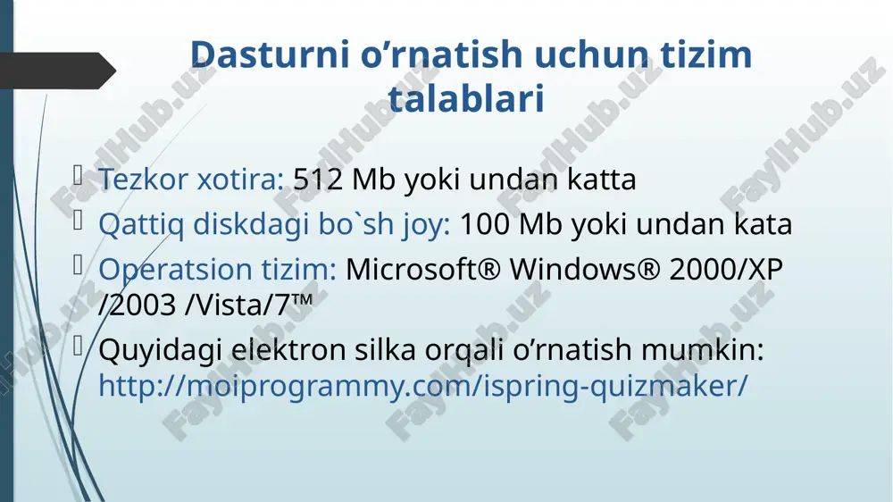 ntlar qo`shish uchun ro`yxatni oching va vvedite noviy element qatoriga cherting va yangi variantni kiriting. to`g`ri javob variant ro`yxatdagi kalit yordamida belgilanadi so`zlar banki (bank slov) matn ichidagi bo`sh o`rinlarga so`zlar bankidagi mos so`zlarni joylashtirish. matn kiriting va bir yoki bir necha so`zlarni bo`sh maydonga aylantiring, maydonlarga to`g`ri variantlarni kiriting. savolga qo`shimcha so`zlar qo`shish mumkin va ular so`zlar bankida joylashgan bo`ladi lekin ular xechqaysi maydon uchun to`g`ri javob so`zi emas. buning uchun ularni qo`shimcha so`zlar (dopolnitelnie slova) ro`yxatiga kiriting. aktiv maydon (aktivnaya oblast) test topshiruvchi markerlar yordamida rasmdagi maydoni belgilashi kerak. rasmni tanlang va unga aktiv maydonlarni qo`shing. bitta rasmda bir necha xar xil formadagi aktiv maydonlar bo`lishi mumkin. bunda quyidagi formalar mavjud «to`g`ri to`rtburchak», «oval», «yarim chiziq». yarim chiziqni chizishni tugatish sichqoncha tugmasini ikki marta chertish bilan yakunlanadi. siz katta o`lchamdagi rasmlar bilan ishlashda maydon kattaliklarini taxrirlashingiz mumkin. buning uchun testlarni taxrirlash panelini yuqori o`ng burchagidagi razvernut tugmasiga cherting. …