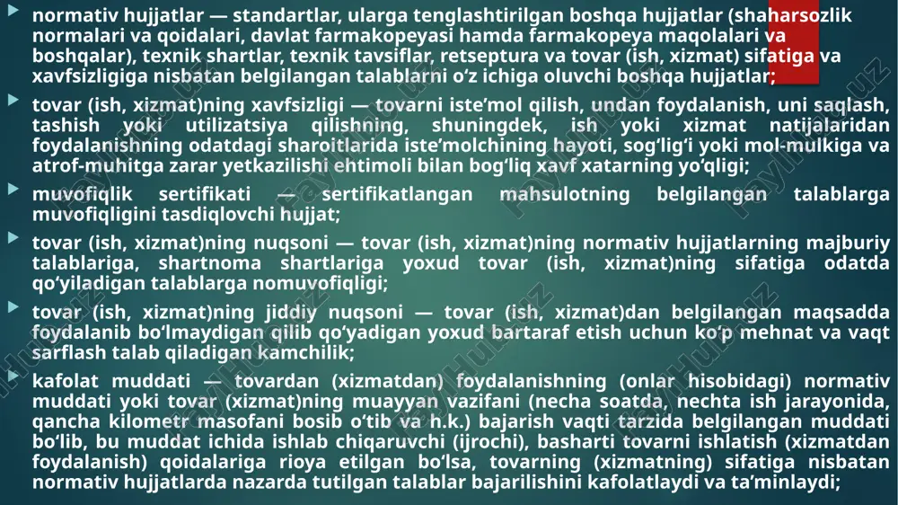 boshqa vakolatli davlat organlariga murojaat etish; iste’molchilarning jamoat birlashmalarini tuzish. qonunning moddalariga sharh qonunning birlamchi tahriridagi 4-moddasida iste’molchilarning 6 ta asosiy huquqlari, ya’ni ma’lumot olish, erkin tanlash, xavfsizlikka bo‘lgan huquq, yetkazilgan moddiy ziyon va ma’naviy zararning qoplanishi, sudga va boshqa davlat organlariga murojaat etish, jamoat birlashmalarini tuzish huquqlari qatoridan iste’molchining bilim va ta’lim olish huquqiga negadir hali-hanuz o‘rin berilmayapti. to‘g‘ri, vazirlar mahkamasining 2002 yil 28 noyabrdagi “iste’molchilar huquqlarini himoya qilishda jamoatchilik ishtirokini kengaytirish chora-tadbirlari to‘g‘risida”gi 414-sonli qarori bilan iste’molchining bilim va ta’lim olish huquqi ta’minlab berilishi ko‘zda tutilgan, lekin bu norma nega asosiy qonunda o‘z aksini topmasligi kerak? qonunning 5-moddasida ishlab chiqaruvchi (ijrochi, sotuvchi)ga o‘zi haqidagi ma’lumotlarni taqdim etishi shartligi bo‘yicha bir qator majburiyatlar yuklatilgan bo‘lsada, mazkur majburiyatlarni bajarmaslik keltirib chiqaradigan aniq huquqiy ta’sir choralariga aniqlik kiritilmagan. shuningdek, taqdim etiladigan ma’lumotning tili bo‘yicha talablar ham ochiq qolgan. 13-modda. iste’molchiga nuqsonli tovar sotilganda uning huquqlari nuqsonli tovar sotilganda iste’molchi, agar bu …