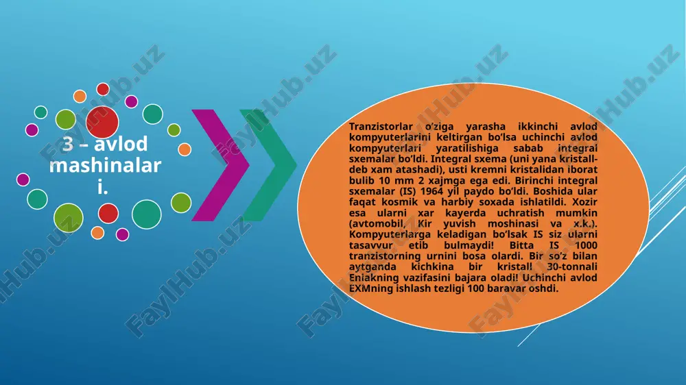 'minot va xizmatlar paydo bo'ldi. axborot texnologiyalari hayotimizning ajralmas qismiga aylandi. axborot texnologiyalari sohasida asosiy uchta platforma quyidagilardir: mobil platformalar ijtimoiy tarmoqlar platformalari bulutli hisoblash platformalari mobil platformalar - bu ios va android kabi smartfon va planshet operatsion tizimlari. ular millionlab mobil ilovalar ishlashi uchun asos bo'lib xizmat qiladi. mobil qurilmalar axborot almashish va onlayn xizmatlardan foydalanish imkonini beradi. ijtimoiy tarmoqlar platformalari - facebook, instagram, twitter kabi ijtimoiy tarmoqlar odamlar o'rtasida aloqa o'rnatish uchun mo'ljallangan. ular foydalanuvchilarning bir-biri bilan bog'lanishi, ma'lumot almashishi va hamkorlik qilishlariga yordam beradi. bulutli hisoblash platformalari - amazon web services, microsoft azure kabi bulut platformalari axborotni uzoq masofadan saqlash va qayta ishlash imkonini beradi. bulut elastic resurslar taqdim etadi va xarajatlarni tejashga yordam beradi. ushbu uchala platforma birgalikda yangi avlod axborot texnologiyalari ekotizimini tashkil qiladi. ular raqamlashtirish, ma'lumotlarni tahlil qilish va yangi xizmatlarni yaratish uchun zamin yaratmoqda. bulutli texnologiyalar axborot texnologiyalari sohasida juda muhim ahamiyatga ega. …