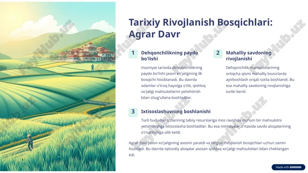 b aholi 100t yaim 25% savdo jaxon xo'jaligi insoniyatning farovonligi uchun muhim ahamiyatga ega. u iqtisodiy o'sishni rag'batlantiradi, turmush darajasini oshiradi va xalqlar o'rtasida hamkorlikni kuchaytiradi. jaxon xo'jaligining kelajak vazifalari - barqaror rivojlanishni ta'minlash, iqtisodiy tengsizlikni kamaytirish va global muammolarni hal qilishda hamkorlik qilishdir. ushbu taqdimotimizda jaxon xo'jaligining evolyutsiyasi va o'zbekistonning undagi o'rni haqida ma'lumot berdik. umid qilamizki, bu ma'lumotlar siz uchun foydali bo'ldi. 11 image1.png image2.png image3.png image4.png image5.png image6.png image7.png image8.png image9.png image10.png image11.png image12.png image13.png image14.png image15.png image16.png image17.png image18.png image19.png image20.png image21.png image22.png image23.png image24.png image25.png image26.png image27.png image28.jpg