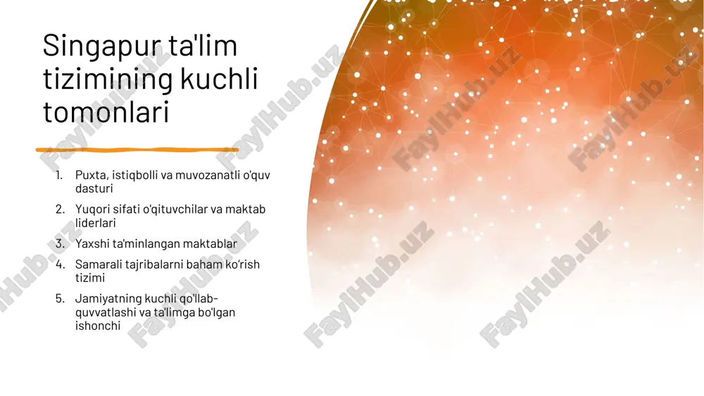 adaniyati o'qish va o‘qitish natijalarini doimiy ravishda rivojlantirishga yordam beradi. 8 5. jamiyat tomonidan kuchli qo'llab-quvvatlash va ta'limga nisbatan ishonch ota-onalar, mahalliy hamjamiyat va tadbirkorlik subyektlarining faol ishtiroki ota-onalarning ta'limdagi yuqori faolligi jamiyat tomonidan umrbod ta’lim tamoyiliga urg‘u berilishi real hayotga bog‘langan ta’lim imkoniyatlarini taqdim qilishda jamiyatning hamkorligi ©️ barcha huquqlar himoyalangan singapurliklar hamjamiyatlarining ta'lim qadriga bo'lgan kuchli ishonchi va qo‘llab-quvvatlovi ta'lim tizimining muvaffaqiyatida hal qiluvchi rol o'ynaydi. ota-onalar, mahalliy hamjamiyatlar va tadbirkorlik subyuektlari maktab tadbirlari va dasturlarida faol ishtirok etadilar. ota-onalar faol tarzda farzandlarining ta’limiga qiziqishadi, jamiyat qadriyatlari esa umrbod ta’lim olish muhimligini ta’kidlaydi. mahalliy sanoat korxonalari va oliy ta’lim muassasalari bilan hamkorlik qilish o'quvchilarga real hayotga bog‘langan ta’lim olish imkoniyatlari va kelajakdagi karyeralari uchun imkoniyatlar taqdim etadi. 9 istiqbolli o'quv dasturi ©️ barcha huquqlar himoyalangan tashqi ko‘zdan kechirish istiqbolli o'quv dasturining kaliti bu hamma tushunishi va anglanishi mumkin bo‘lgan aniq belgilangan natijalardir. 10 tuzilish madaniyat texnologiya integratsiyasi o‘qituvchilar …