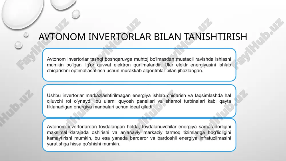 oq barqarorligi va ishonchliligida sezilarli yaxshilanishlarni ko'rsatdi. ular, shuningdek, energiya ishlab chiqarishda samaradorlikni oshirish va xarajatlarni tejashni ko'rsatdi. avtonom invertorlarning turli xil real ilovalardagi muvaffaqiyati ularning qayta tiklanadigan energiya landshaftini o'zgartirish imkoniyatlarini ta'kidlaydi. ushbu amaliy tadqiqotlar ularning samaradorligi va kengaytirilishi haqida qimmatli tushunchalarni beradi. xulosa: avtonom invertorlar zamonaviy elektr energiya tizimlarida muhim ahamiyat kasb etadi. ular turli xil manbalardan (quyosh panellari, shamol generatorlari va boshqalar) olinadigan o‘zgaruvchan yoki doimiy tokni elektr jihozlari uchun zarur shakldagi quvvatga aylantirishda ishlatiladi. ushbu qurilmalar yuqori samaradorlik, barqarorlik va ko‘p funksionallikka ega bo‘lib, avtonom energiya manbalarining ishonchli ishlashini ta’minlaydi. foydalanilgan adabiyotlar : klebanov, b.i. - "teoriya elektricheskogo privoda"bu kitob elektr yuritmaning nazariy asoslarini va uning amaliy tadbiqini batafsil yoritadi. kasimov, a.t. - "elektr yuritmalar nazariyasi va amaliyoti"elektr yuritmalarning matematik modeli va boshqarish usullari haqida. leonhard, w. - "control of electrical drives"zamonaviy elektr yuritmalarni boshqarish usullari haqida qimmatli ma'lumotlar beradi. zinoviev, i.v. - "elektr yuritmalar asoslari"elektr …