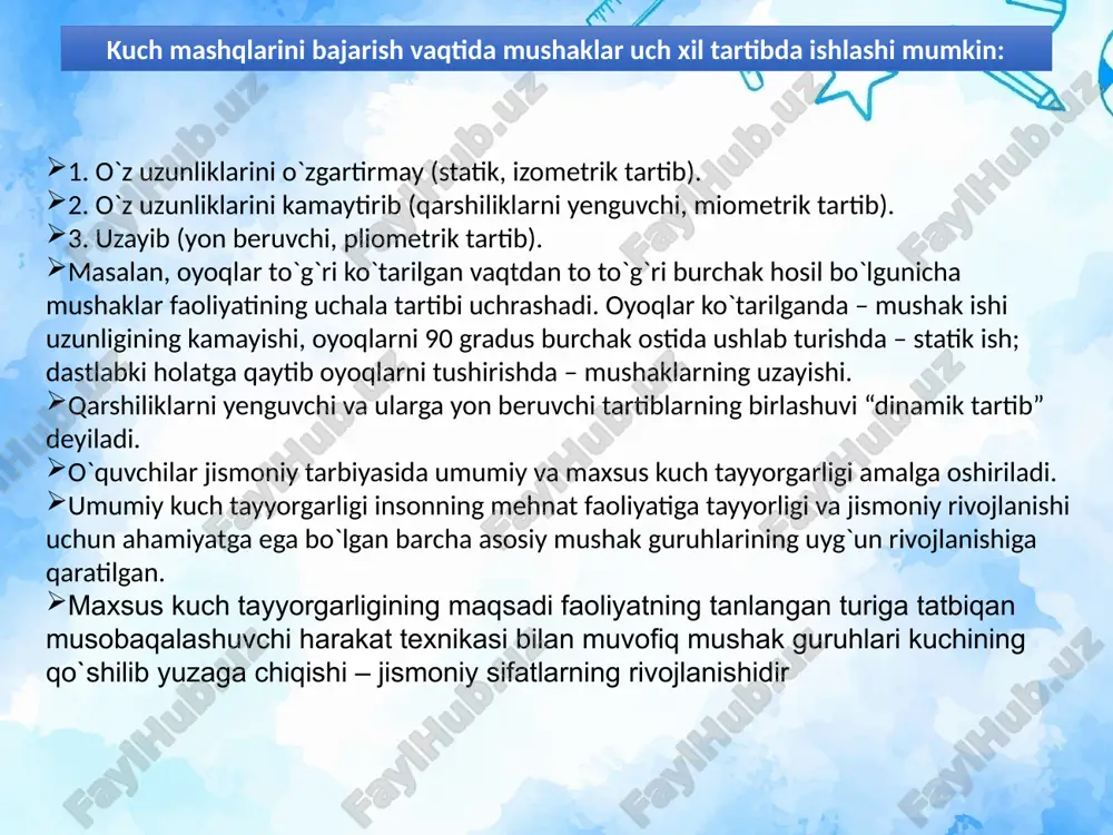 sa ogirlashtirib, vazminligini ortirib, malol kelishi tezlashadigan mashqlarda), dastlabki holatda muskul tarangligi bir xil (statik holat) ushlanadigan mashqlarda, mashqning tashkillanishi qiyinligi (maxsus jihozning kerakligi, metal jihozning shovqini va boshqalar) ko‘zga tashlanadi. o‘z-o‘ziga qarshilik ko‘rsatish bilan bajariladigan mashqlarning qulayligi shundaki, qisqa vaqt ichida katta dozada nagruzka berish mumkin va maxsus jihoz va inventarni talab qilmaydi, lekin muskullar elastikligining tezda yo‘qolishiga olib keladi. bundan tashqari, bu mashqlar yuqori nerv tarangligi (zo‘ri-qishi)da bajariladi, shuning uchun ularni soglom, jismoniy tayyorgarligi talab darajasida bo‘lgan odamlarga, o‘z-o‘zini nazorat qilish tizimli olib borilishi tavsiya etiladi. kuchni tarbiyalash uslublari 1. chegaraga yaqin bo`lgan og`irlikni takrorlash uslubi. 2. chegaraga yaqin bo`lmagan og`irlikni takrorlash uslubi. 3. og`irlikni tabora oshirib borish uslubi. 4. aylanma uslub….. kuch qobiliyatlarining rivojlanish darajasini va namoyon bo‘lishini belgilovchi omillar. tezlik-uch qobiliyatlari. portlash kuchi. kuch qobiliyatlarini rivojlantirish usuliyati. kuch qobiliyatlarini rivojlantirish vositalari. mushaklarni muvofiqlash haqida tushuncha. mushaklarning o‘zaro harakatini belgilovchi omillar. turli mushak guruhlarining kuch qobiliyatini rivojlantirish …