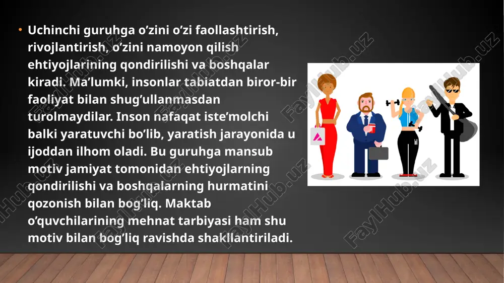 sh faoliyati bilan bog’liq motivasiyalarni 3 guruhga ajratish mumkin ; birinchisi - mehnat faoliyati motivlari , ikkinchisi - kasb tanlash motivlari va uchinchisi - ish joyini tanlash motivlari . aniq faoliyat esa barchasini jamlangan holda izohlanadi , ya’ni , bunda mehnat faoliyati motivlari , kasb tanlash motivlarining shakllanishi , shuningdek , qolgan ikkita motiv orqali esa ish joyini tanlash motivlari ham yuzaga keladi . a.p.vasilyev tibbiyot xodimi kasbini tanlashning quyidagi asosiy motivlarini keltirib o’tadi : 1) insonlarni davolash istagi . 2) og’ir kasalliklar , qariya , yosh bolalarni og’riqlardan xalos etish istagi . 3) o’z yaqinlarining sog’lig’i haqida qayg’urish imkoniyati . 4) ilmiy tibbiyot muammolarini hal etish . 5) o’z sog’lig’i haqida kaygurish . 6) moddiy qiziqishlar . kasbiy faoliyat motivlari tuzilishining tavsifnomasi uchun b.n.dadanov taklif qilgan usullarni qo’llash mumkin . u istalgan faoliyatning sabablari sifatida quyidagi omillarni o’zida aks ettiradi , deb ko’rsatadi : 1 . ayni faoliyat jarayonidan …