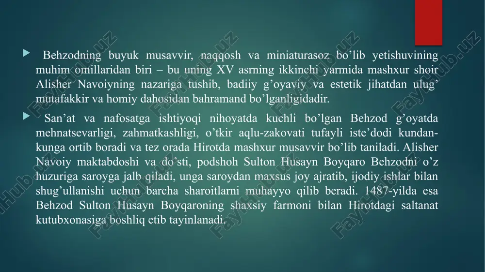 raqsi darvish. (darvishlar raqsi). 16. samarqandda madrasalar qurilishi shayboniyxon portreti. bulardan tashqari hozir jahonning turli qit'alaridagi muzey va ayrim kishilarning shaxsiy kolleksiyalarida saqlanayotgan kamoliddin behzod qalamiga mansub «oriflar zikri», «bir kampir va yigit», «bahrom go'r ovda», «sulton husayn saroyida ziyofat» asarlari va shoir abdurahmon jomiylar portret-tasvirlari realistik uslubdagi shoh asarlar tariqasida allaqachon umumjahon madaniy mulkiga aylanib ulgurgan. abdurahmon jomiy portreti. k.behzodning ‘darvesh’ portreti 1500 yilda yaratilgan. behzod qadimgi estetika uchun begona – aniq ‘hissiy ko’rinish’ dan voz kechgan. u o’zining obrazlarida tasvirlangan ruhiy holatlarni va ichki xususiyatlarni yetkazishga harakat qiladi. asarning o’ziga xos jihati uni talqin qilishdagi umumiy tarkibiy qism xv-xvi asrlardagi yevrjpa badiiy an’analari bilan rasmiy emas, balki tarkibiy-semantik aloqasi mavjudligini anglatadi. k.behzod. darvesh portreti. 1480-1485. k.behzod, “raqsga tushayotgan qiz” k.behzod. “a.navoiy” va “husayn boyqaro” portretlari. xulosa demak, kamoliddin behzod uzoq va sermahsul hayot yo’lini bosib o’tdi. husayn boyqaro, shayboniyxon, shoh ismoiy safaviy, shox tahmasb safaviylar hukmronlik qilgan turli-tuman, …