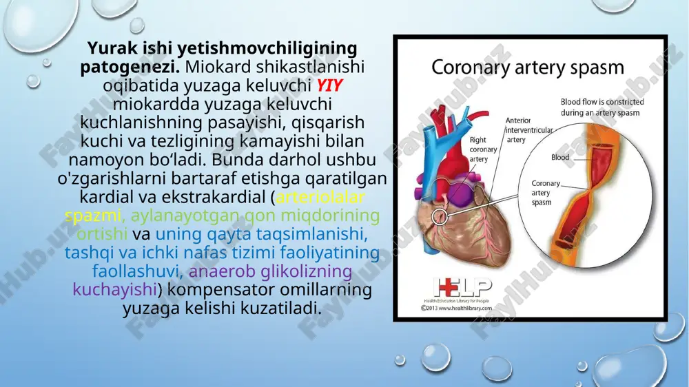 kard gipetrofiyasi yurak dilatatsiyasi chap qorincha remodellashuvi asosiy tarkibiy qismlari bu jarayon yurak yetishmovchiligining ilk davrlarida gipertrofiyaga uchramagan miokard tomonidan amalga oshriladi va qisqa vaqt ichida uning gipertrofiyasiga olib keladi. gipertrofiyaga uchragan miokardda degenerativ o’zgarishlar rivojlanishi bilan yurak bo’shliqlarining bundan keyingi kengayishi va u bilan bo’lgan mushaklarning cho’zilishi ortiqcha energiya manbai bo’lmay qoladi . kompensator giperfunksiya yurak yetishmovchiligiga olib keladi. yurakka tushayotgan ortiqcha yuklamani uning ish bajarish faoliyatiga ta’sir ko’rsatmaydigan holati tushuniladi. e’tiboringiz uchun rahmat image2.png image4.png image3.png image5.png image6.png image7.png image8.png image9.png image10.png image11.png image12.png image13.png image14.png image15.png image16.png image17.png image18.png image19.png image20.png image21.png image22.png image23.png image24.png image25.png image26.png image27.png image1.png /docprops/thumbnail.jpeg