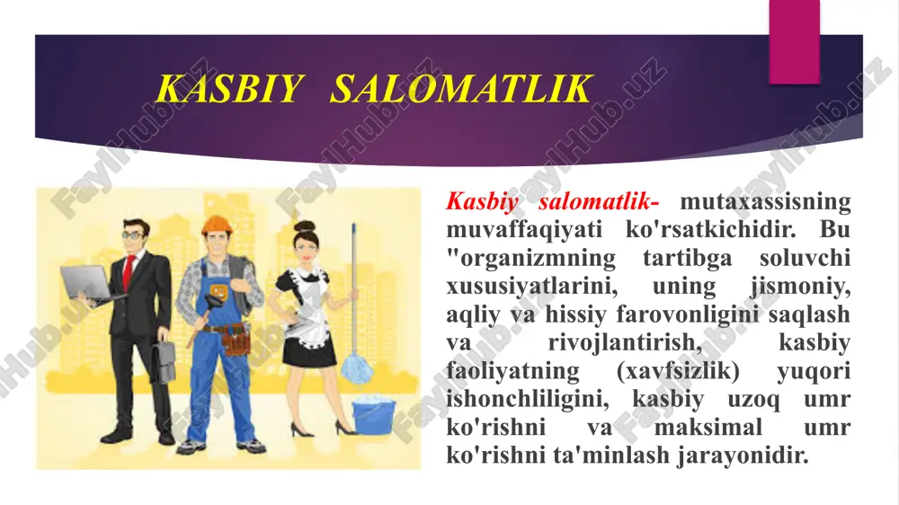 , xursandchilik, shijoat, rag'bat hamda ma’naviy ozuqa beradi. kasbni sevish, kasbiy motivatsiyani oshirish kasbiy motivatsiyani oshirish, sarflangan sa'y-harakatlar va olingan mukofot o'rtasidagi muvozanatni muvozanatlash. kasbni sevish va kasbiy motivatsiyani oshirish salomatlikning asosiy omili bo'lib xizmat qiladi. inson o'z kasbini sevishi va undan rohatlanib faoliyat ko'rsatishi nafaqat kasbiy faoliyatida muvoffaqiyatga erishibgina qolmay, balki uning salomatligiga stressli vaziyatlarga kam tushib qolishi yoki stressni osongina yengib o'tishiga ijobiy ta’sir qiladi. kasbni sevish, kasbiy motivatsiyani oshirish kasbdan qoniqqanlik darajasi shaxslarni turli emotsional holatlarini barqaror bo'lishi, ko'tarinki kayfiyat , maqsad sari intiluvchanlikni oshiradi va charchoq hissini bermaydi. oiladagi sog'lom psixologik muhit oiladagi sog'lom psixologik muhit ham kasbiy salomatlikka bo'g'liq bo'lgan jarayon hisoblanadi. nima sababdan? oiladagi sog'lom psixologik muhit tong sizning xayotingizni qanday o'zgartirishi mumkin? xar kuni shularni bajaring. tavsiyalar 1. erta tongdan tabassum qiling, shunday gap bor «chap tomoning bn turdingmi» bu juda to'gri gap, tongni qanday kutib olsang kuning shunday o'tadi. 2. nima bo'lishidan …