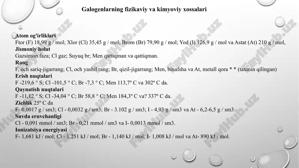 etalli galogenidlar mx formulaga ega va ular orasida: nacl, natriy xlorid; kbr, kaliy bromidi; csf, ftor sezyum; va lii, lityum yodid. ishqoriy tuproq metallari, o'tish metallari yoki p bloki metallarining galogenidlari mx formulasiga egan, bu erda n - metallning musbat zaryadi. shunday qilib, ularning ayrim misollari: fecl3, temir triklorid; mgbr2, magniy bromidi; alf3, alyuminiy triflorid; va cui2, kubik yodidi. shu bilan birga, galogenlar uglerod atomlari bilan ham bog'lanish hosil qilishi mumkin; shuning uchun ular organik kimyo va biokimyoning murakkab dunyosiga kirib borishlari mumkin. ushbu birikmalar organik galogenidlar deb ataladi va umumiy kimyoviy formulaga ega rx, x har qanday galogen. galogenlarning ishlatilishi / qo'llanilishi - xlor sanoat sohasida -bromin va xlor to`qimachilik sanoatida junni oqartirish va davolash uchun ishlatiladi, shu bilan namlanganda uning qisqarishini oldini oladi. -ditritni dezinfektsiyalovchi sifatida va ichimlik suvi va suzish havzalarini tozalash uchun ishlatiladi. bundan tashqari, xlordan olingan aralashmalar kir yuvish va qog'oz sanoatida qo'llaniladi. - maxsus …