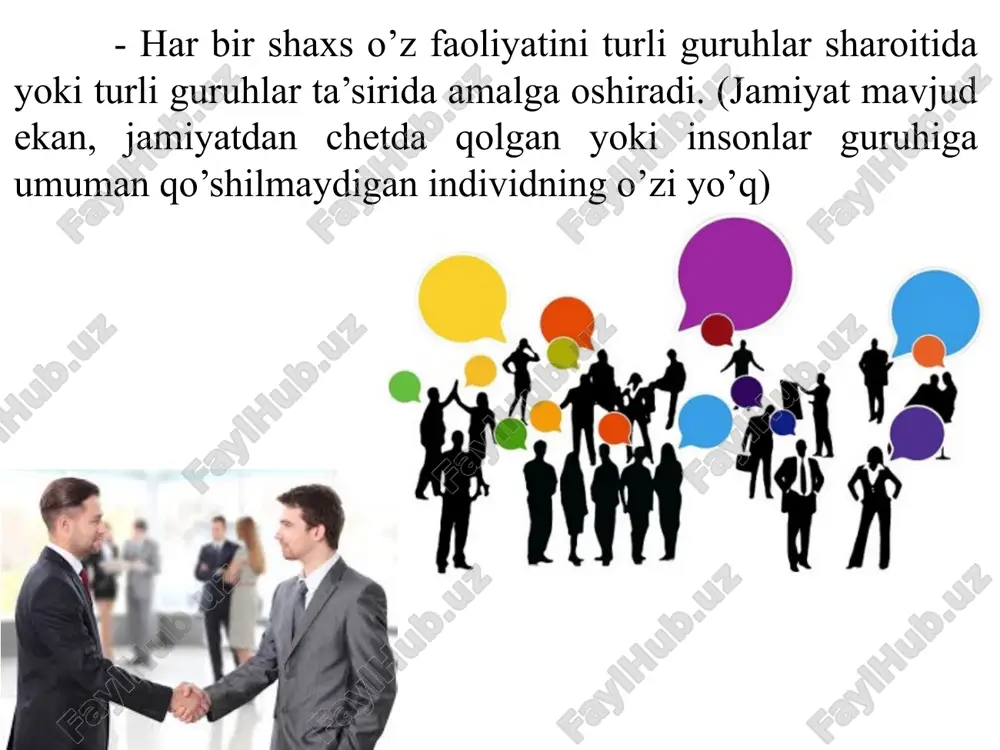 ‘lsa, ular o‘rtasidagi o‘zaro munosabatlar juft bo‘lgan holdagidan ancha yaxshi bo‘ladi. (boshqaruv psixologiyasida odamlarni biror nimaga saylashda va umuman rasmiy tanlovlarda guruhdagi odamlar soni toq qilib olinadi) shaxsning guruh taz’yiqiga berilishi va bo‘ysunishi ham guruh a’zolarining soniga bog‘liq. guruh soni 4-5 kishi bo‘lgunga qadar, uning ta’siri kuchayib boradi, lekin undan ortib ketgach, ta’sirchanlik kamayib boradi. (ko‘chada sodir bo‘lgan baxtsiz hodisaning guvohlari soni ortib borgan sari, jabrlanganga yordam berishga intilish, masuliyat hissi pasayib boradi) 24 turli guruhlar inson hayotida bir necha funksiyalarni bajaradilar: ijtimoiylashtiruvchi funksiya; instrumental, ya’ni, aniq mehnat funksiyalarni amalga oshirishga imkon beruvchi muhit; ekspressiv - odamlarning o‘zgalarning tan olishlari, hurmatga sazovor bo‘lish, ishonch qozonishini ta’minlash; qo‘llab - quvvatlash, ya’ni, qiyin paytlarda, muammolar paydo bo‘lganda odamlarni birlashtirish funksiyasi. guruhning dinamik jarayonlar guruhning shakllanish jarayoni, liderlik va guruhda turli qarorlarni qabul qilish jarayoni, guruhning har bir shaxsga ta’siri kabilar tushuniladi guruhning shakllanishi, paydo bo‘lishi uchun jamiyat ehtiyojlari va ijtimoiy talablar asosida …