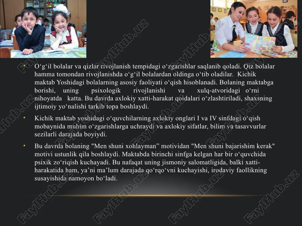 zoq muddat muayyan narsalarga qarata olmaydilar va diqqat ob’ektlari ustida uzoq tura olmaydilar.ta’lim jarayoni kichik maktab yoshidagi o‘quvchilarning ixtiyoriy, barqaror, mustahkam, kuchli, faol ongli diqqatni rivojlantirishga qulay shart-sharoit yaratadi. bilim olish jarayonida mustaqil aqliy mehnat qilish, misol-masalalar echish, mashqlar bajarish, takrorlash irodaviy zo‘r berish jarayonida ixtiyoriy, ongli diqqat tarkib topadi. bu yoshdagi bolalarda ixtiyoriy diqqatni to‘plash, tashkil qilish, uni taqsimlash, ongli ravishda boshqarish uquvi shakllana boshlaydi. boshlang‘ich sinf o‘quvchilarining shaxslararo munosabati birinchi bor maktabga kelgan bola o‘z atrofdagilari bilan psixologik jihatdan yangi munosabat tizimiga o‘tadi. u hayotining tubdan o‘zgarganini, unga yangi majburiyatlar, nafaqat, har kuni maktabga borish, balki o‘quv faoliyati talablariga bo‘ysunish ham yuklatilganligini his eta boshlaydi. bola insoniy munosabatlar tizimida ham alohida o‘rin egallayotganini bila boshlaydi. ota-onasi, yaqinlari, atrofdagilari unga yosh boladek emas, balki o‘z vazifalari, majburiyatlari bor bo‘lgan, o‘z faoliyat natijasiga ko‘ra hurmatga sazovor bo‘lishi mumkin bo‘lgan alohida shaxs sifatida munosabatda bo‘ladilar. oila a’zolarining bola o‘quv faoliyati, yutuqlari …