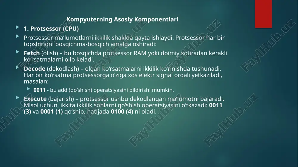 ki boshqa texnik vazifalar uchun ishlatiladi. masalan: 0₁₀ (0000000₂) - nul (null character, bo'sh belgini bildiradi) 13₁₀ (0001101₂) - cr (carriage return, kursorni yangi qatorda joylashtirish) yozma belgilar (printable characters): 32 dan 126 gacha bo'lgan kodlar matnli belgilarni ifodalaydi. bularga harflar, raqamlar, punktuatsiya belgilar va maxsus belgilar kiradi. 65₁₀ (1000001₂) - "a" 97₁₀ (1100001₂) - "a" 48₁₀ (110000₂) - "0" 32₁₀ (00100000₂) - " " (bo'shliq) ascii kodning kengaytirilgan versiyasi kompyuterlar ko'proq belgilarni ifodalash zaruratidan kelib chiqib, 8 bitli kengaytirilgan ascii standarti ham joriy etilgan bo'lib, unda 256 ta belgi qamrab olingan. kengaytirilgan ascii kodlari xalqaro belgilarni (aksentli harflar, grafik belgilar va boshqa maxsus belgilar) o'z ichiga oladi. ascii kodidan foydalanish kompyuterlar va boshqa qurilmalar ascii kodlarni belgilarni saqlash va uzatish uchun ishlatadilar. har bir belgining raqamli qiymatga aylantirilishi kompyuterlar uchun qulay, chunki ular elektr signallari (0 va 1) yordamida raqamli ma'lumotlar bilan ishlaydi. misol: "a" harfi ascii kodida 65 …