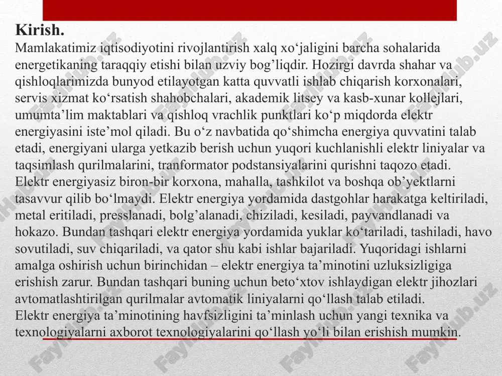 xron elktrodvigatel bilan xarakatga keltiriladi. parmalash golovkasinig aylanish yo‘nalishi dvigatelni reverslash yo‘li bilan bajariladi. ddastgoh quyidagi texnik xarakteristikalarga ega: *teshish diametri --- 35 mm, po‘lat uchun 45 mm *shpindelning maksimal yoli --- 250 mm, *aylanish tezligining soni --- 12, *maxsimal aylantiruvchi moment --- 300 kgc.m *ish unumdorligi---55 teshik/soat *uzatma soni---9 dastgohning elektr jihozlari to‘g’risida ma’lumotlar: *o‘zgaruvchan tok kuchlanishi --- 380/220 b, *dvigatel --- ao2-52-4/2-ci, *quvvati --- 8,3/10,2 kvt, parmalash dastgohi elektr yuritmasiga qo‘yiladigan talablar. dastgoh elektr yuritmasi bir qator texnologik va elektrotexnik talablarga javob berishi kerak. asosiy texnologik talablar quyidagilardan iborat: - agar dastgohda rezba ochiladigan bo‘lsa, elektrodvigatel reversiv bo‘lishi kerak; - boshqarish sxemasi traversa xarakatini chegaralab turishi kerak; - dastgohlarining telizligini rostlash diapazoni (100÷ 200) : 1 bo‘ladi; - dastgoh kolonnasi qisilmasdan dvigatel ishga tushmasligi kerak. parmalash dastgohlarining bosh elektr yuritmasi sifatida qisqa tutashtirilgan rotorli asinxron elektrodvigatellar qo‘llaniladi . dastgoh shpindelining tezligini rostlash tezliklar korobkasidagi shesternalarni o‘gartirish yo‘li bilan …