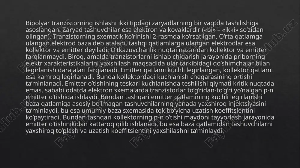 nvertorlari bilan ham ishlab chiqarilishi mumkin. tranzistorli chastota o’zgartgich kichik va o’rta quvvatli rostlanuvchi elektr yuritmalar uchun tiristorliga qaraganda kelajakli ● energiya samaradorligi. shimning keng qo’llanilishiga asosiy sabab ─ elektron apparaturalar uchun ikkilamchi oziqlantirish manbalarini qurishda fikni oshirishga intilish. masalan, shim lcd-monitorlar va telefonlarning displeylarini yoritishda yorug’lik kuchini rostlash uchun va shu kabi qurilmalarda qo’llaniladi. shimda kalitda ajraladigan issiqlik quvvati. shimda kalit elementlari sifatida tranzistorlardan foydalaniladi (boshqa yarim o’tkazgichli priborlar ham qo’llanilishi mumkin), faqat ular chiziqli emas, balki kalit rejimida ishlaydi. ya’ni tranzistor har doim yo uzilgan (o’chgan) yoki ulangan (to’yingan holatda bo’ladi). birinchi (uzilgan) holda tranzistor deyarli cheksiz qarshilikka ega, shuning uchun zanjirdagi tok juda ham kichik va oziqlantirish kuchlanishining barchasi tranzistorga tushsa ham tranzistorda ajralayotgan quvvat amalda nolga teng. ikkinchi holda tranzistorning qarshiligi juda kichik va demak undagi kuchlanish tushuvi ham nolga yaqin, shuning hisobiga tranzistorda ajralayotgan quvvat ham kichik. o’tish holatlarida (kalitning o’tkazuvchanlik holatidan o’tkazmaydigan holatiga almashish …