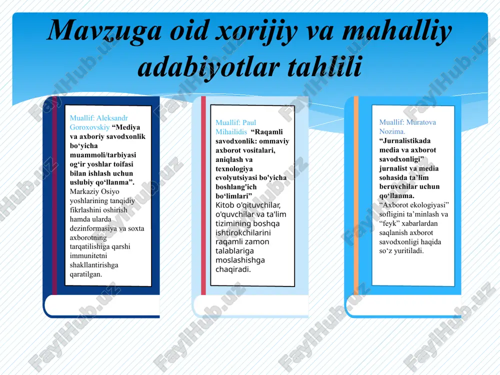 lantiriladi. avstriya 1994-yildan boshlab ta’lim muassasalarida 6 yoshdan 19 yoshgacha bo‘lgan bolalar hamda yoshlar uchun mo‘ljallangan o‘quv predmetini o‘qitish joriy qilingan va boshlang‘ich va o‘rta sinflarda majburiy fan sifatida o‘qitilishiga erishilgan 3. 2022-yil 24- sentabrda toshkent shahrida “mediasavodxonlik uyi” tashkil etildi. moldova 2017-yildan boshlab boshlang‘ich va o‘rta maktablarda “raqamli ta’lim” kursi o‘qitila boshlandi. xulosa huquqiy ong va fuqaroviy mas’uliyat oshadi. akt va axborot madaniyati rivojlanadi it sohasiga qiziquvchi o‘quvchilar aniqlanadi va ularni kelajak kasblariga tayyorlanadi o‘z vaqtini qadrlaydigan, kitobxon yoshlar safi ko‘payadi, takliflar eto drugoy parametr dlya obzornogo slayda. axborotlashtirish va axborotlar bilan ishlashga oid huquqiy-normativ hujjatlar bilan o‘qituvchi va o‘quvchilarni tanishtirish, huquqiy savodxonligini oshirish, fuqaroviy huquq va majburiyatini anglatish, maktab o‘qituvchilari uchun axborotlardan foydalanish qo‘llanmalarini yaratish o‘qituvchilar va o‘quvchilarning darsdan keyin akt savodxonligini oshirish va fanlarni o‘qitishda mediamadaniyatni metodikalarga singdirib borish uchun tizimli ravishda seminarlar, treninglar tashkil etish, o‘quvchilarni si kurslariga jalb qilish maktab foyelari, yo‘laklar, sinf xonalari va …