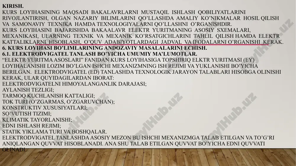 sh. tormozlash xarakteristikalarni hisoblash uchun mexanik xarakteristika tenglamasidan foydalanish mumkin. tormozlashdagi boshlangich tezlik ωt = ωo – mc(rya/c2)=79.2-563.69*(0.192/2.82)=65.4 rad/sek bu erda, c = (uh – ih rya)/ωh=(220-385*0.03)/104.7=1.99 tormozlash qarshiligi rt = rya + rd = 0.21om tormozlash uchun ulanadigan qo’shimcha qarshilik rq = rt – rya =0.18 reverslashdagi tezlik qiymati ωtt = -ωo + mc(rt/c2)= -75.16 rad/sek tormozlasgda ishga tushirish reostatiga tormozlash qarshilini sektsiyasi ulanadi rpt = rt – rp= -0.05om o’zgarmas tok dvigatelni elektrodinamik tormozlash. elektrodinamik tormozlash qarshiligi quyidagi bo’g’lanishlar yordamida hisoblanadi ωdt = mt(rt/c2) = 997.8*(0.21/1.992)=52.9 rad/sek rt = (ωdt c2)/ mt=0.209om rq = rt – rya dinamik tormozlash tezligi ωdt = - mt(rt/c2)=-52.9 rad/sek oʻtkinchirejimvaqti har bir pog’ona uchun aniqlanadi ti = 0.83ln [(1425-563.69) / ( 684-563.69)]=1.63 sek tabiiy xarakteristika bo’yicha yuritmani tezlanish vaqti tt = (3÷4) tm tenglamalarni prametrlari ishga tushirish grafiklaridan olinadi(5,6,10rasmlar). vaqtning 0dan tiqiymatlari uchun m va ω lar hisoblanadi va o’tkinchi jarayon grafiklari …