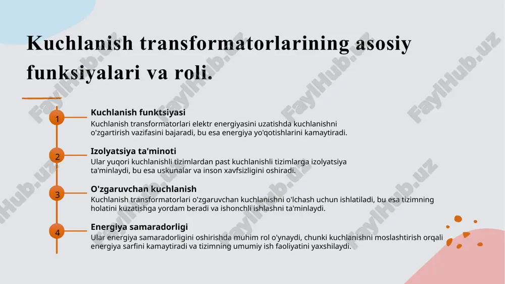i energiya iste'molini o'lchash va monitoring qilishda muhim rol o'ynaydi, bu esa energiya samaradorligini oshirishga yordam beradi. 04 sanoat va uy sharoitlari kuchlanish transformatorlari sanoat jarayonlari va uy sharoitida energiya ta'minotini optimallashtirishda keng qo'llaniladi, bu esa energiya sarfini kamaytiradi. kuchlanish transformatorlarining sanoat va infratuzilma sohalaridagi foydalanilishi. 1 sanoatdagi foydalanish - kuchlanish transformatorlari sanoatda energiya ta'minoti va avtomatlashtirish tizimlarida muhim o'rin tutadi, ayniqsa, ishlab chiqarish jarayonlarida. 2 infratuzilma roli - infratuzilma sohalarida kuchlanish transformatorlari elektr energiyasini uzatish va taqsimlashda, shuningdek, xavfsizlik tizimlarida ishlatiladi. 3 misollar va ilovalar - o'zbekistonda kuchlanish transformatorlari energetika, transport va kommunal xizmatlar kabi tarmoqlarda muvaffaqiyatli qo'llanilmoqda, bu esa ularning ahamiyatini oshiradi. xulosa kuchlanish transformatorlari roli kuchlanish transformatorlari energiya tizimining muhim qismi bo'lib, energiya ta'minotini samarali va barqaror amalga oshirishda muhim ahamiyatga ega. ulanish sxemalarining ahamiyati ulanish sxemalari kuchlanish transformatorlarining to'g'ri ishlashini ta'minlaydi, xavfsizlikni oshiradi va energiya yo'qotishlarini kamaytiradi, bu esa iqtisodiy jihatdan foydali. amaliyotdagi foydalanish amaliyotda kuchlanish …