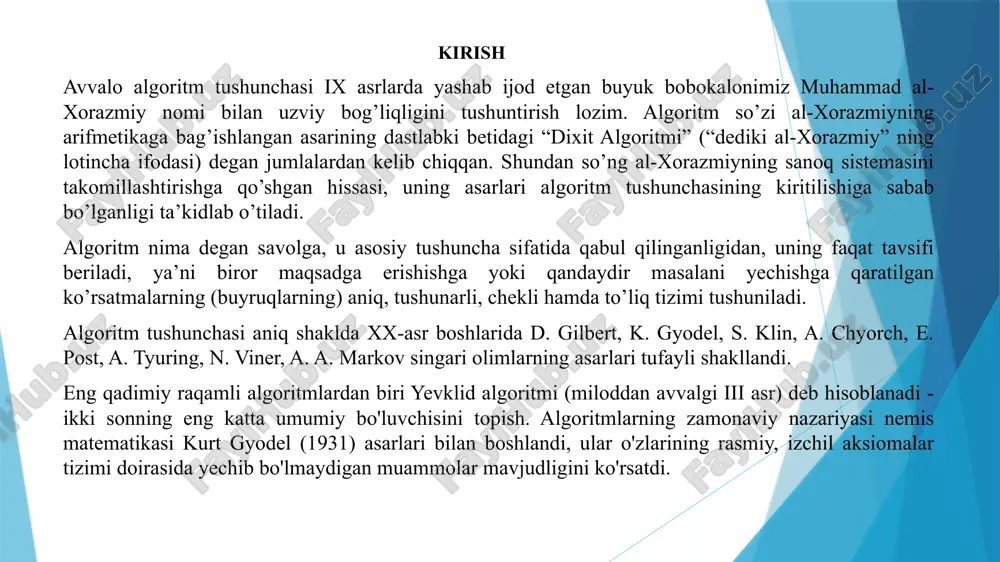 t ostini olib tashlash; elementni o'chirish. b-daraxt (b-tree) b-daraxt - bu tugunlari tashqi xotirada saqlanadigan (masalan, hdd / ssd-da) muvozanatli qidiruv daraxti. har qanday vaqtda, b daraxtining faqat bir qismi operativ xotirada (daraxtning kattaligi operativ xotira miqdoridan sezilarli darajada oshib ketishi mumkin) b-daraxtlar fayl tizimlarida va ma'lumotlar bazasini boshqarish tizimlarida (mbbt) ishlatiladi rud rudolf bayer va edvard m. makkreyt tomonidan boeing tadqiqot laboratoriyalari, aqsh, 1971 yilda yaratilgan. b daraxtlari nomidagi "b" harfi: boeing, bayer, ... b daraxtining balandligi o(logn) dan oshmaydi, bu erda n - daraxtdagi tugunlar soni b-daraxt tugunlarida ko'plab avlod tugunlari bo'lishi mumkin -mingtagacha; b - daraxtining har bir tugunida 1 tadan ortiq kalit bo'lishi mumkin; agar ichki tugunda k kalitlar bo'lsa, u holda k + 1 ta tugun mavjud. bitta kalit ikkita kalit ikkita kalit uch bosqich kalit tugun b daraxti (b-tree) quyidagi xususiyatlarga ega bo'lgan ildiz otgan daraxtdir: 1) har bir tugunda maydonlar mavjud: - tugunda …